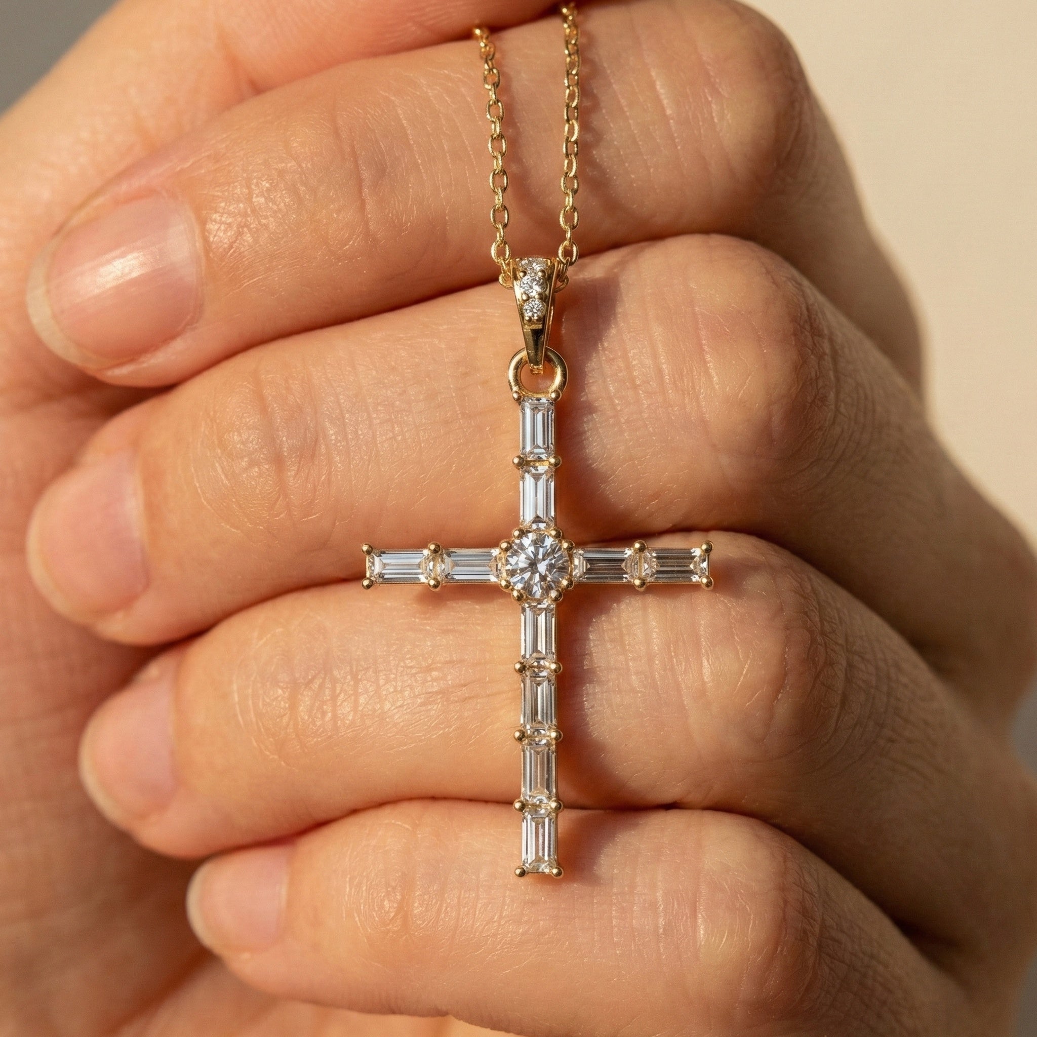Modern Religious Cross Pendant in 14k Solid Gold, 1.65 TCW Baguette/Round Cut Lab Grown Diamond, Bridal Jewelry, Wedding Gift for Her