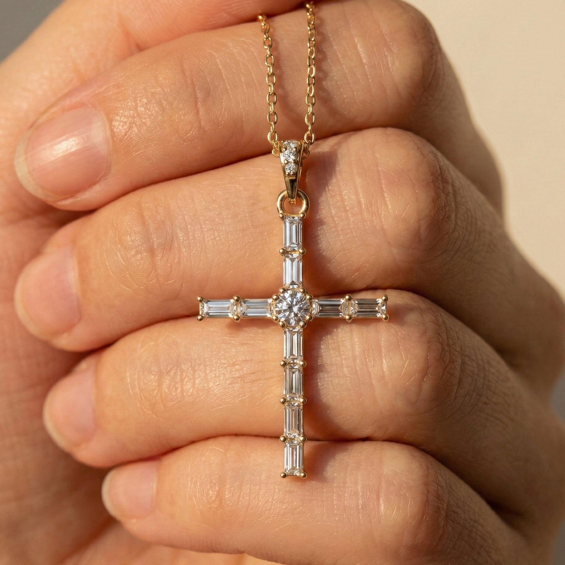 Modern Religious Cross Pendant in 14k Solid Gold, 1.65 TCW Baguette/Round Cut Lab Grown Diamond, Bridal Jewelry, Wedding Gift for Her