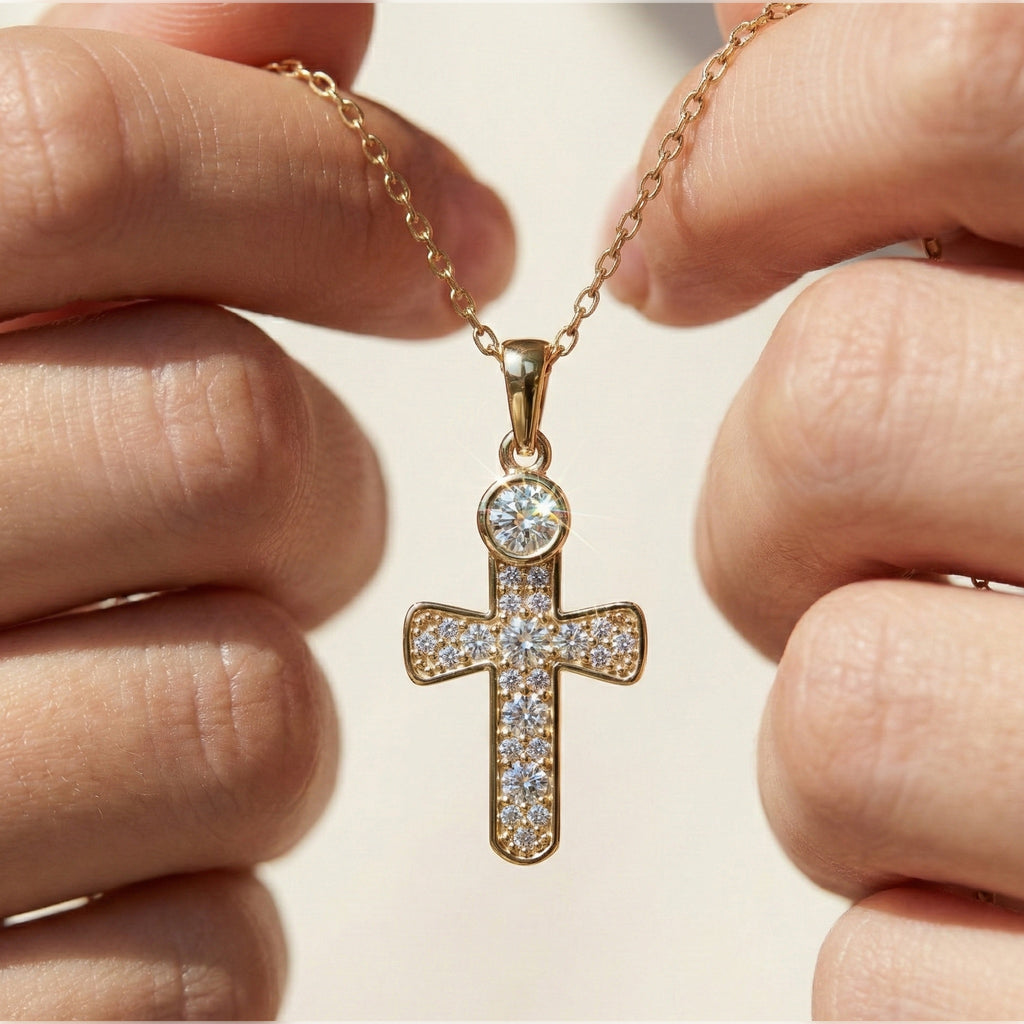 Minimalist Pavé Cross Pendant in 14K Solid Gold, 0.66 TCW Round Cut Lab Created Diamonds, Religious Gift for Her, Bridal Charm