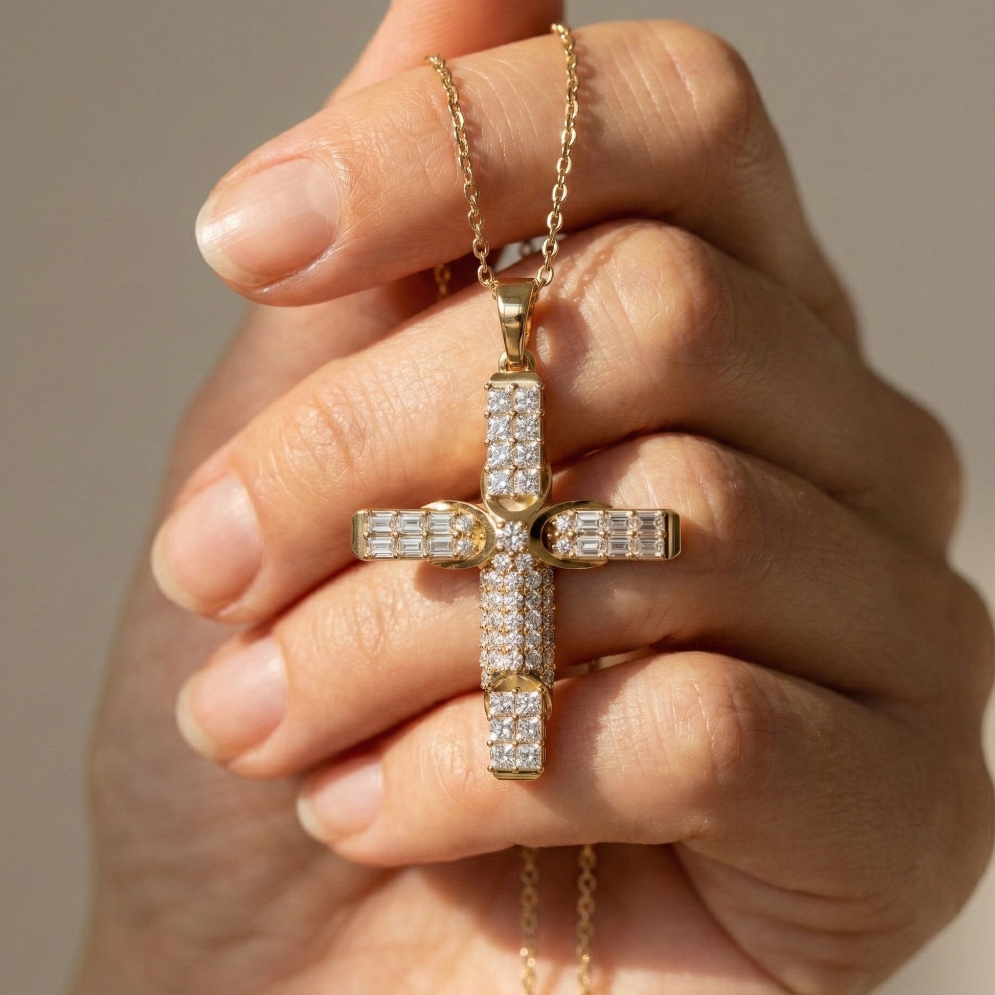 Chic Baguette Pavé Halo Cross Pendant in Solid 14k Gold, 1.27 TCW Princess/Baguette/Round  Cut, Fashion Jewelry Gift