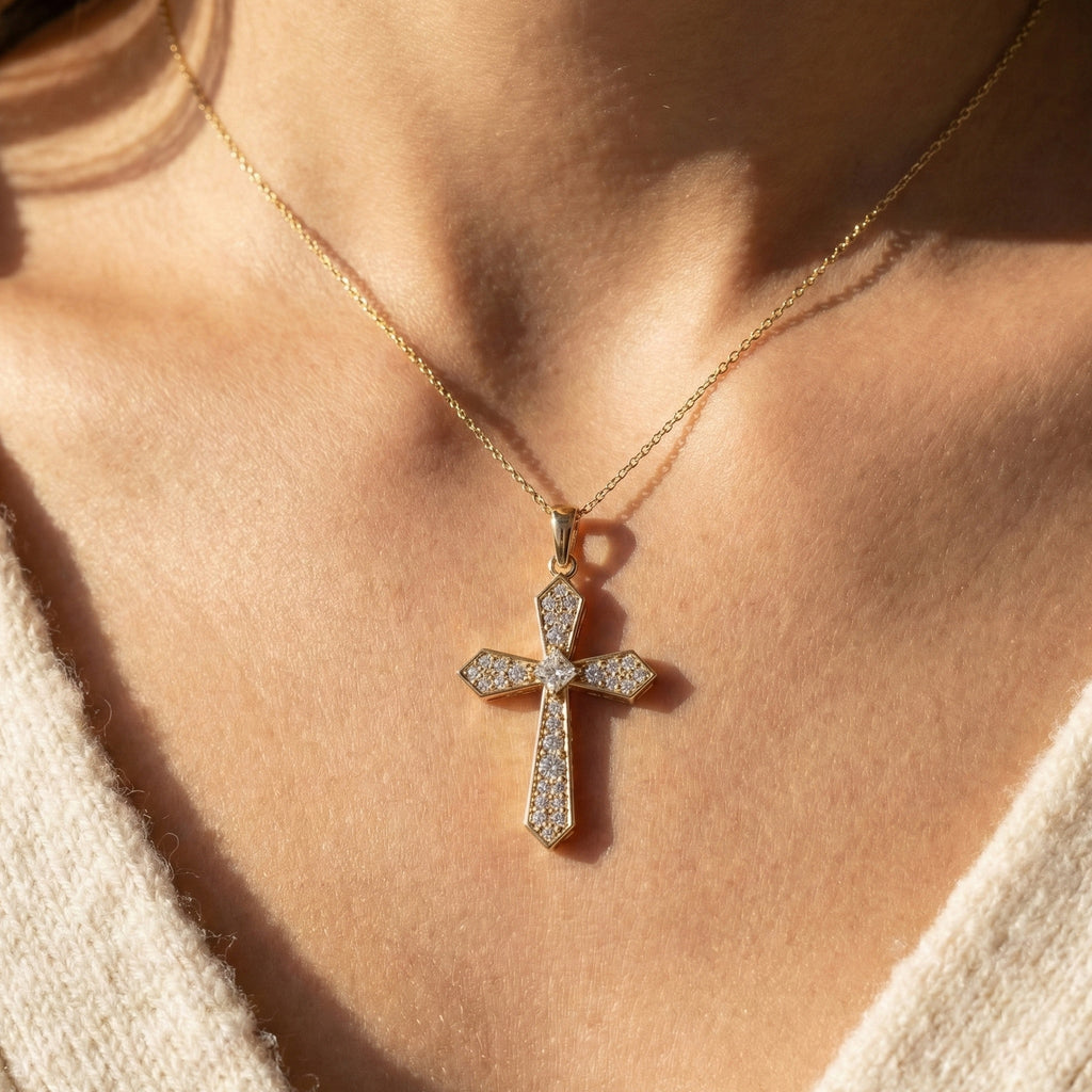 Modern Geometric Cross Pendant in 14k Solid Gold, 0.74 TCW Princess/Round Cut Lab Grown Diamonds, Gift for Her, Religious Jewelry