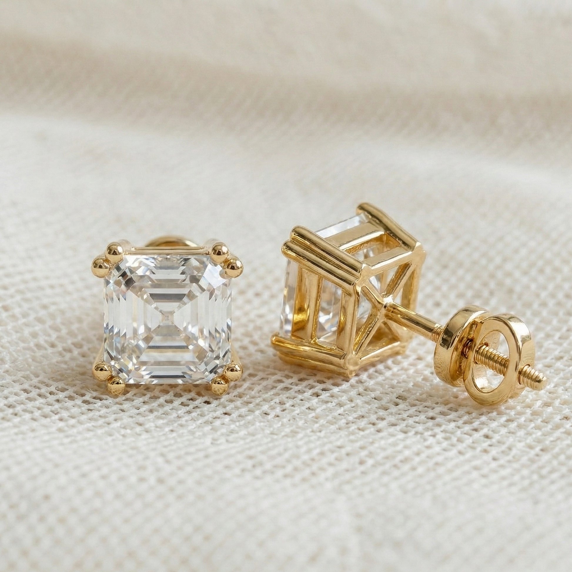 Double Prong Solitaire Minimalist Stud Earrings in 14k Solid Gold, 2.50 TCW Asscher Cut Lab Grown Diamonds, Gift for Wife, Handmade Bridal Jewelry