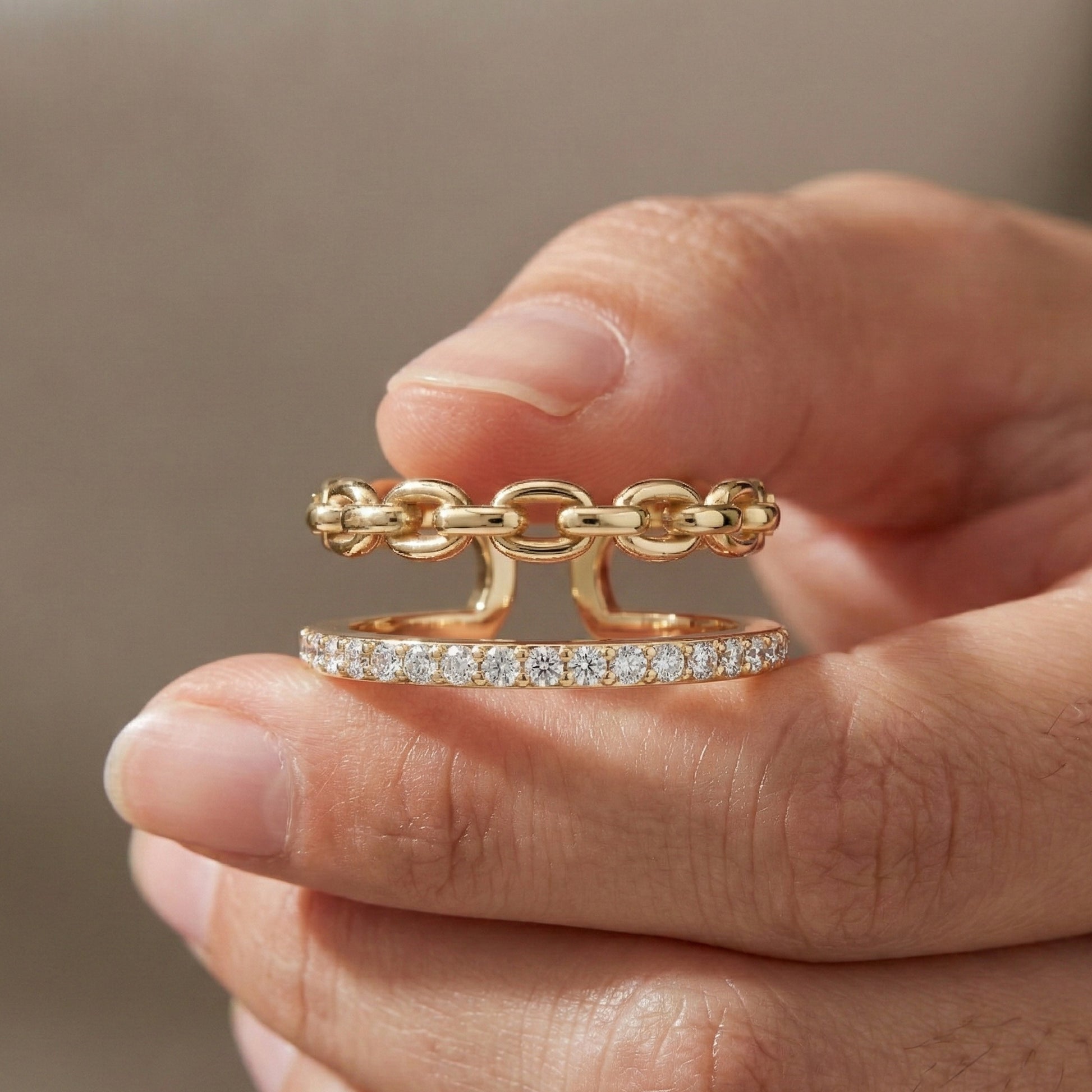 Unique Contemporary Chain Link Pavé Wedding Band in Lab Diamond-14k Solid Gold, Anniversary Gift For Women, Everyday Gift