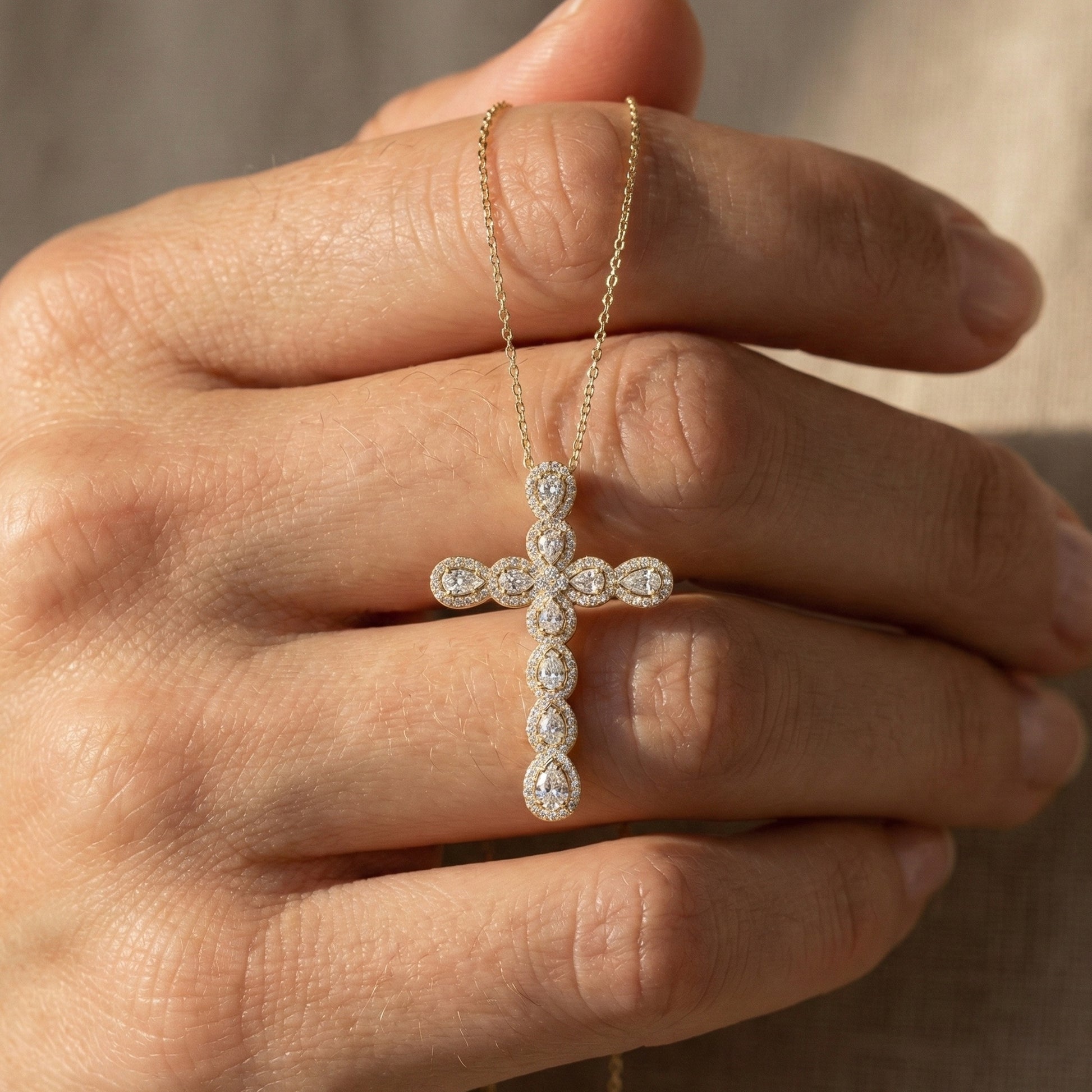 Pear & Round Halo Cluster Cross Charm Pendant Necklace in Lab Diamond – 14k Solid Gold, Everyday Jewelry For Women, Handmade Jewelry, Gift for Her