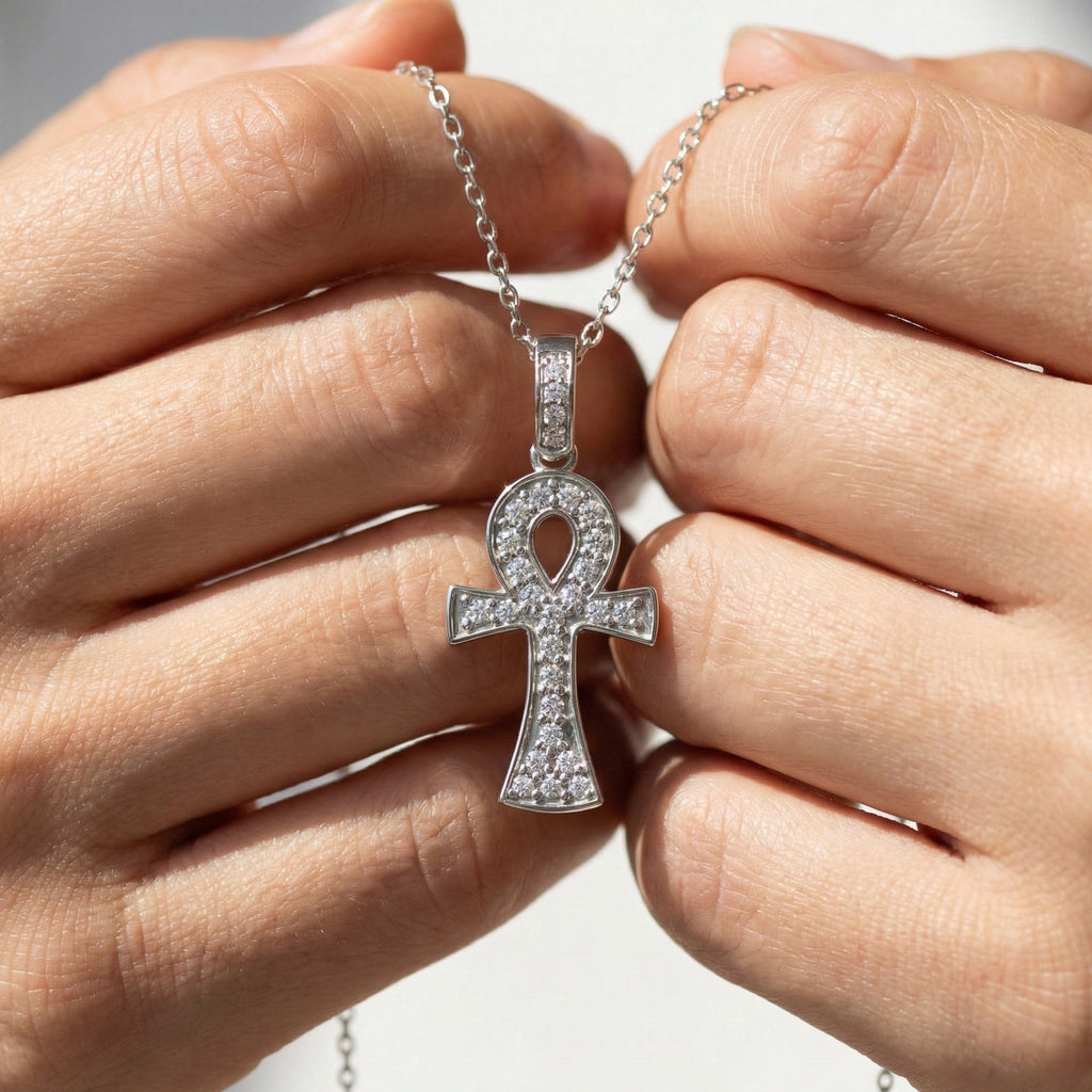 Dainty Pavé Ankh Cross with Diamond Bail Wedding Pendant in Lab Diamond – 14k Yellow Gold, Anniversary Gift for Women, Unique Pendant