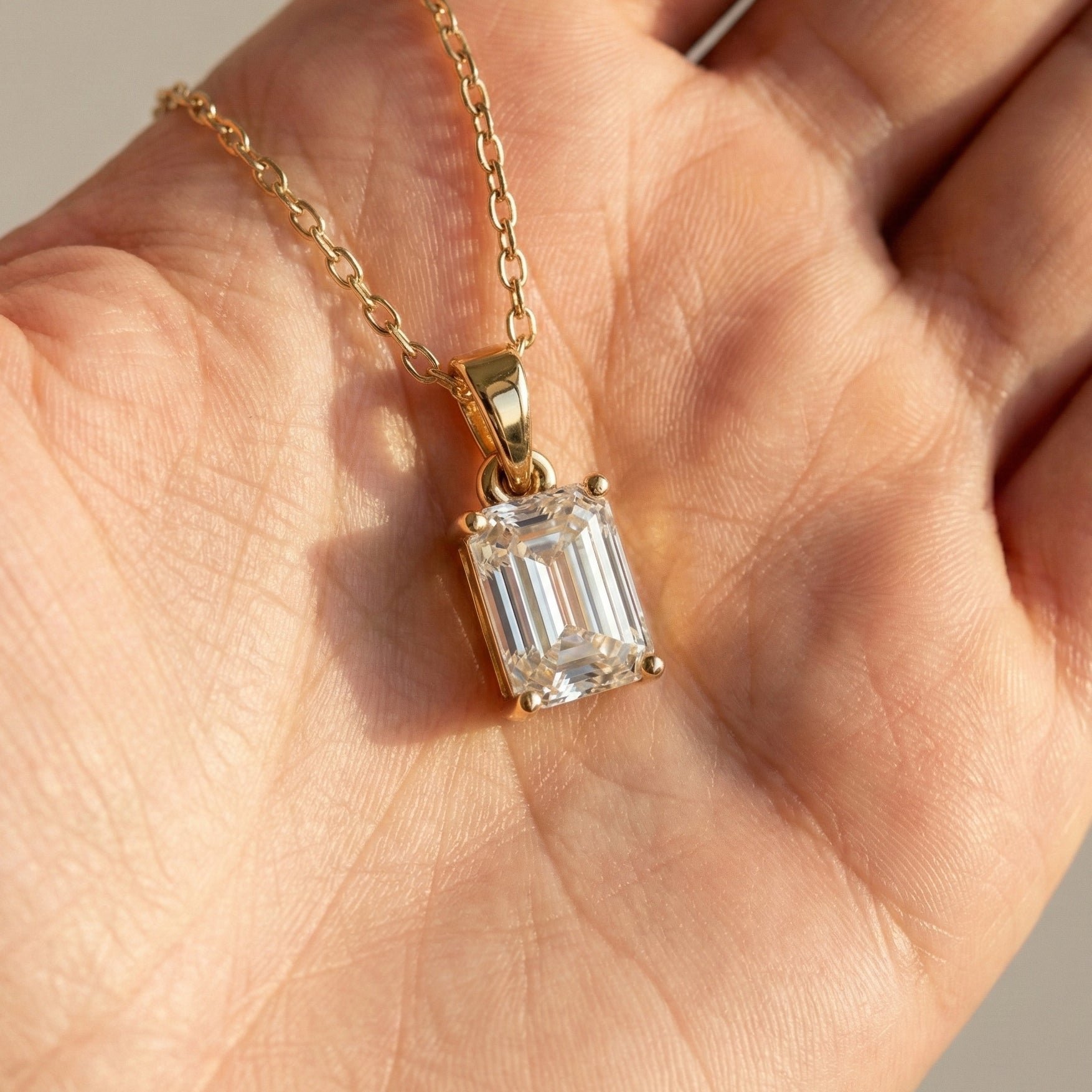 14K Rose Gold Solitaire Wedding Pendant, 1.75 CT Emerald Cut Lab Grown Diamond Solitaire Pendant, Wedding Gift for Her, Handmade Jewelry