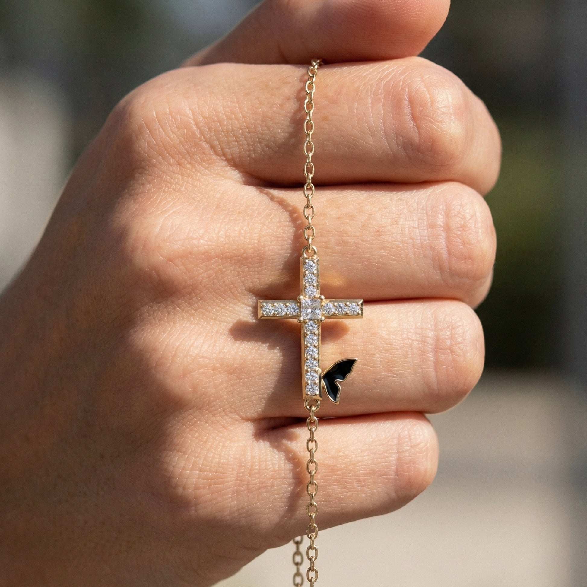 Butterfly Cross Station Bracelet in 14K Solid Gold, 0.18 CT Princess Cut Lab Created Diamond, Dainty Bracelet, Gift for Her