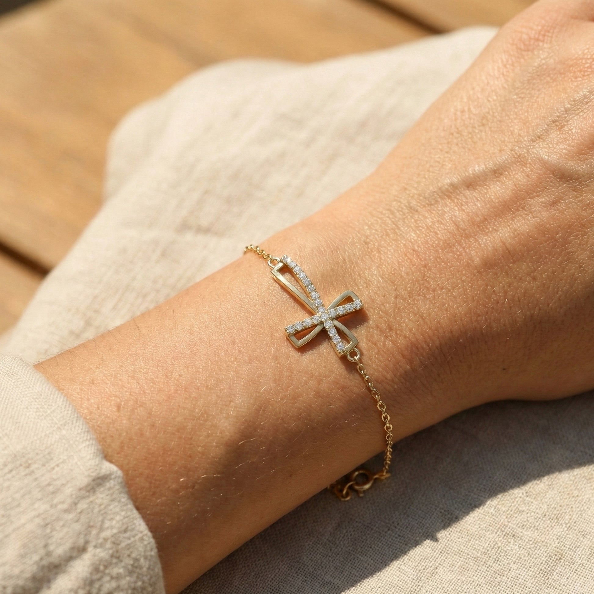 Asymmetrical Cross Charm Bracelet in 14K Solid Gold, 0.22 TCW Round Cut Lab Created Diamonds, Religious Jewelry, Birthday Gift for Her