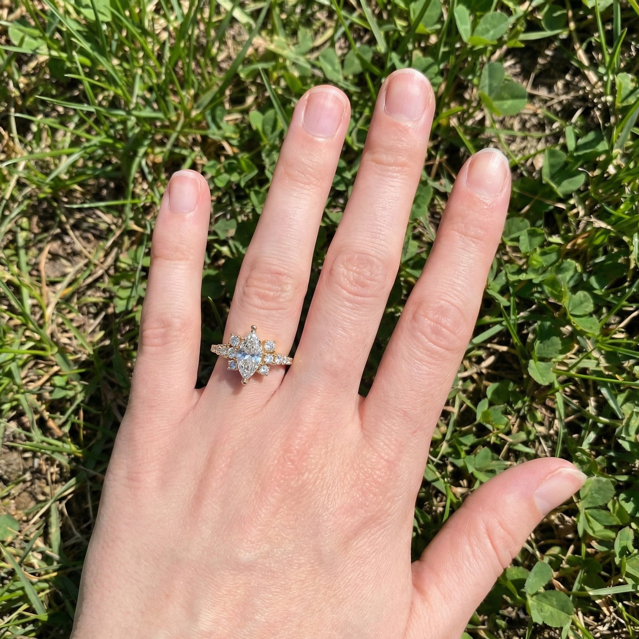 Marquise Cluster Halo Pave Engagement Ring in 14K Yellow Gold, 0.74 TCW Marquise/Round Cut Lab Created Diamonds, Handmade Jewelry, Anniversary Gift