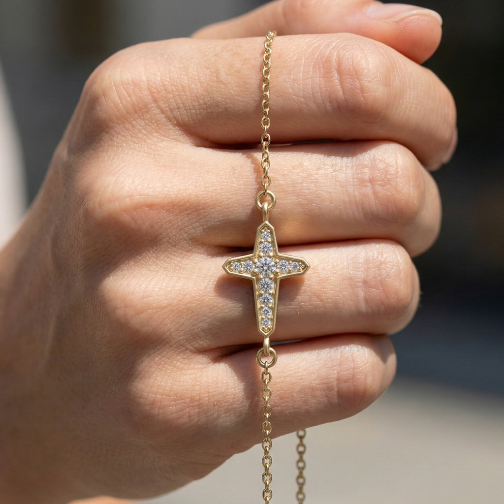 Slim Angular Cross Wedding Chain Bracelet in 14K Solid Gold, 0.12 TCW Round Cut Lab Grown Diamonds, Faith Jewelry, Gift for Her