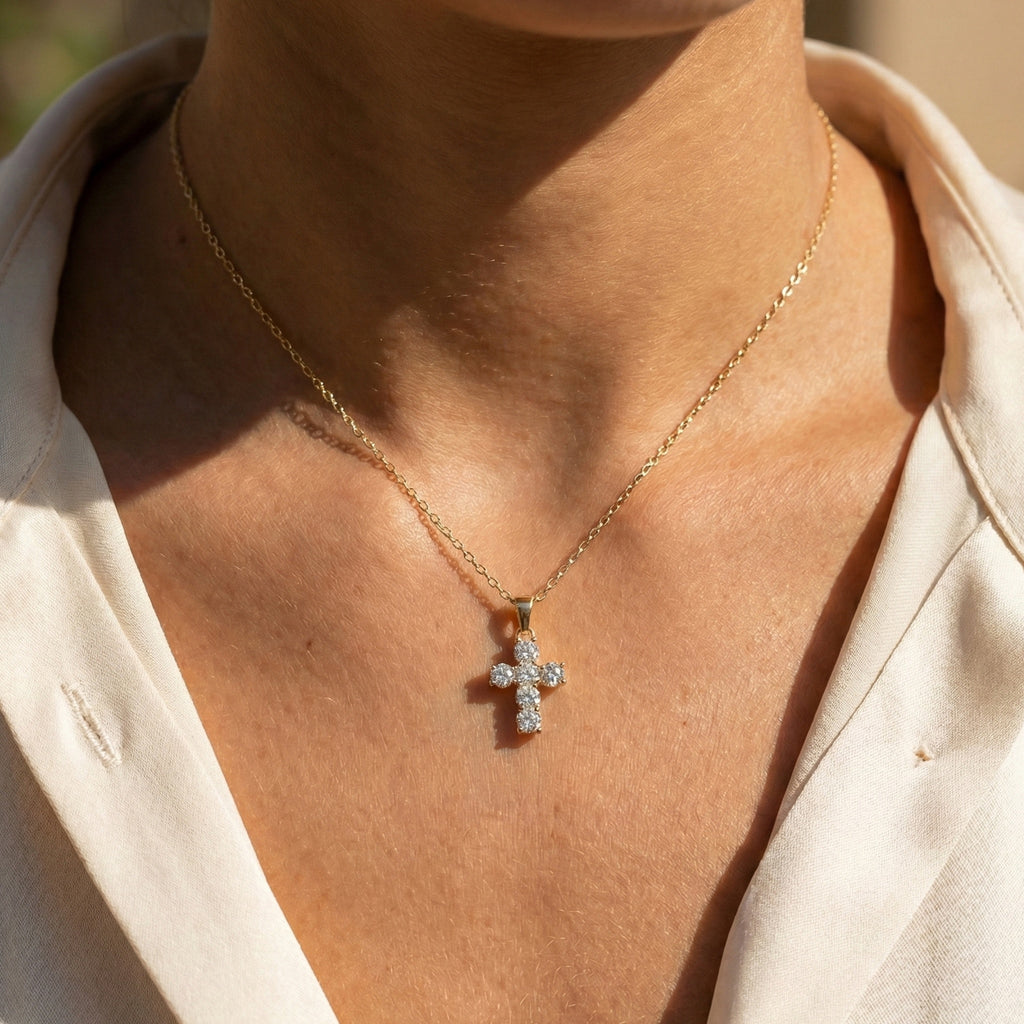 Prong-Set Round Cluster Cross Pendant in 14k Solid Gold, 2.76 TCW Round Cut Lab Created Diamonds, Jesus Pendant For Her, Daily Wear Pendant