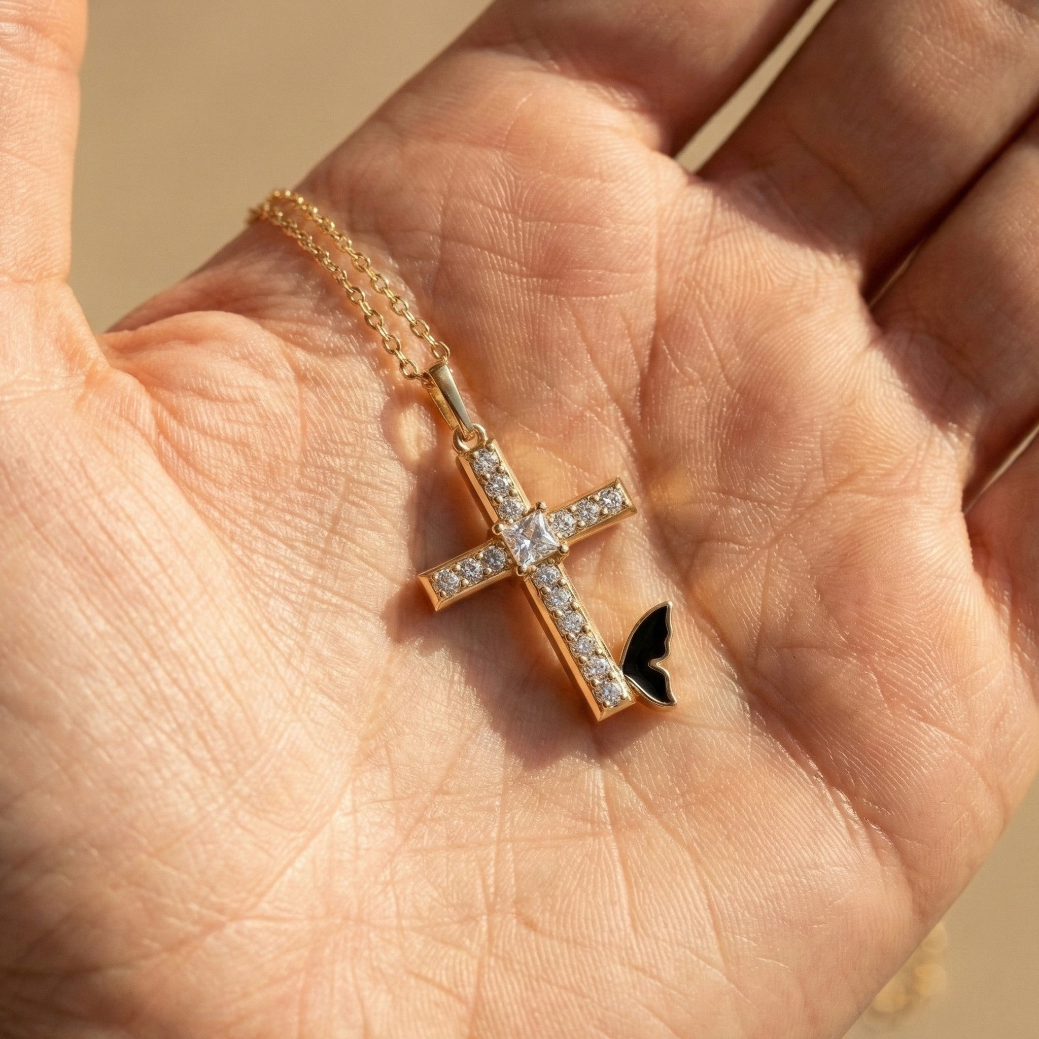 Butterfly Accent Jesus Cross Diamond Pendant in 14K Solid Gold, 0.56 TCW Princess/Round Cut Lab Diamonds, Gift for Her, Religious Jewelry