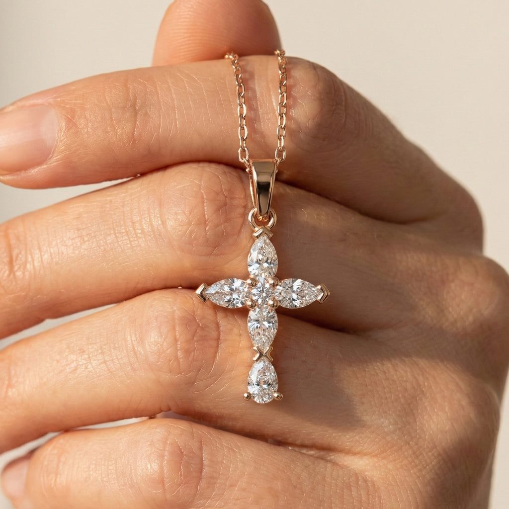 Stylish Pear Cluster Cross Religious Pendant in 14k Solid Gold, 0.93 TCW Pear/Round Cut Lab Grown Diamonds, Bridal Jewelry, Jesus christ Gift For Her