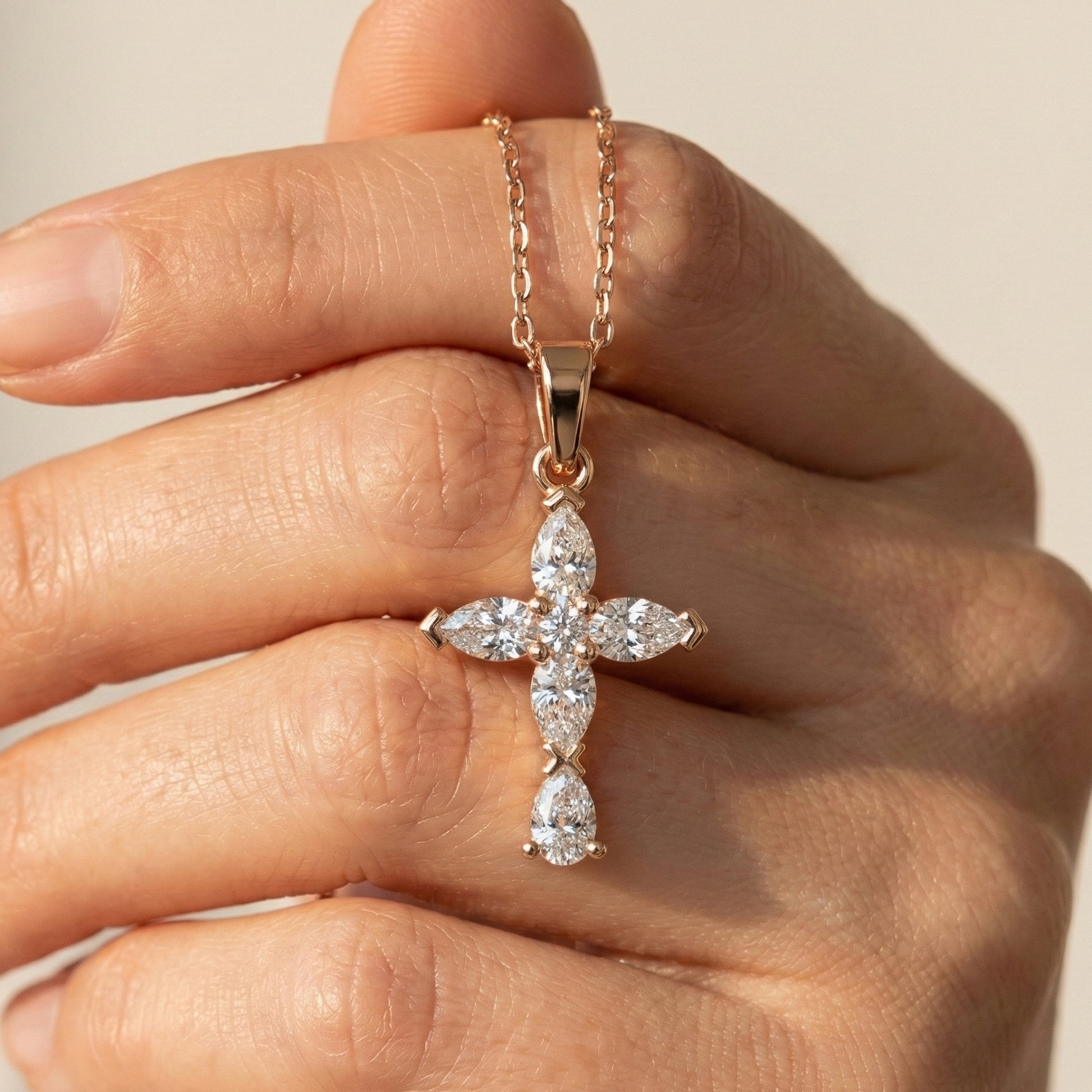 Stylish Pear Cluster Cross Religious Pendant in 14k Solid Gold, 0.93 TCW Pear/Round Cut Lab Grown Diamonds, Bridal Jewelry, Jesus christ Gift For Her