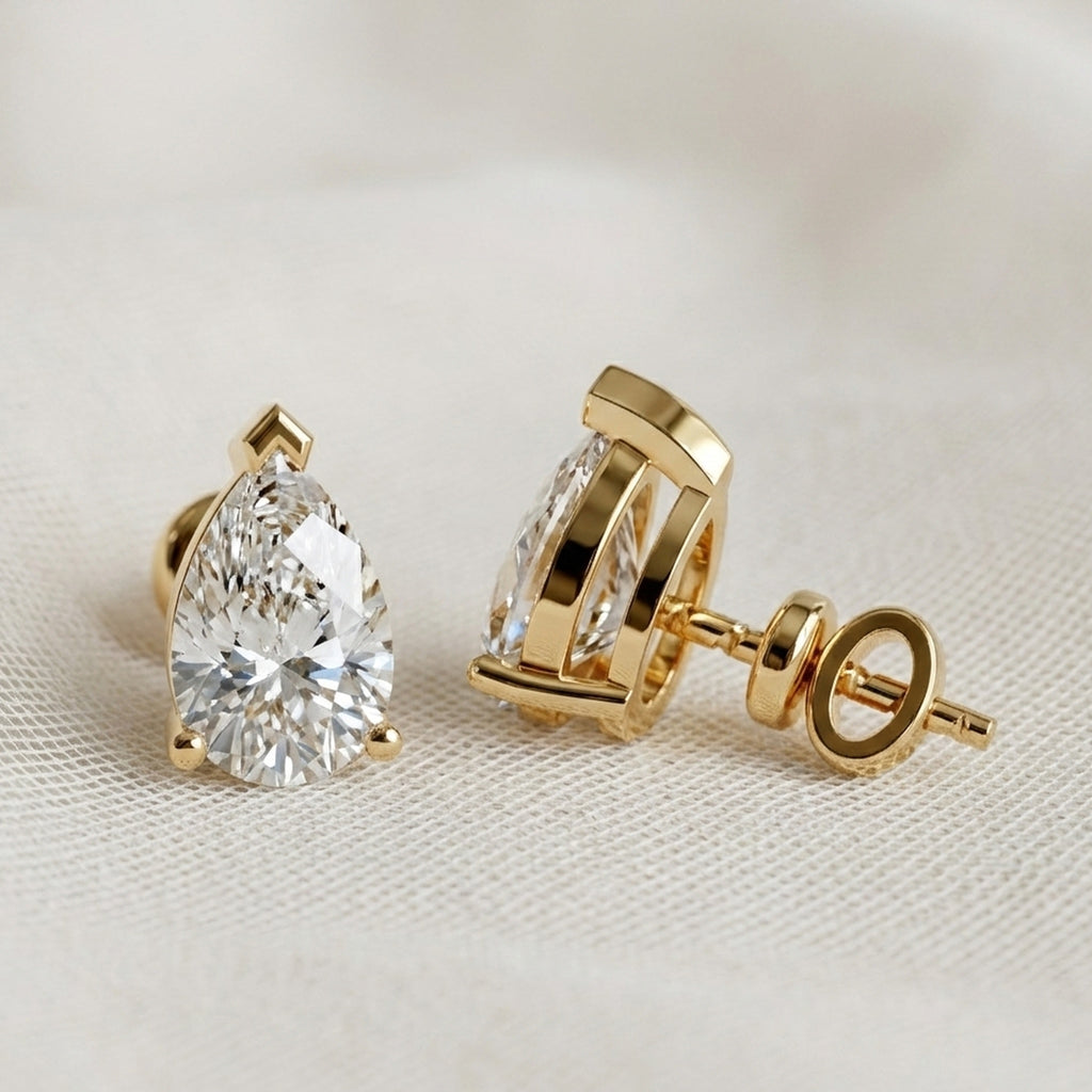 Pear Cut Solitaire Stud Earrings in 9K Solid Gold, 2.00 TCW Pear Cut Lab Created Diamonds, Bridal Jewelry, Gift for Wife, Handmade Studs