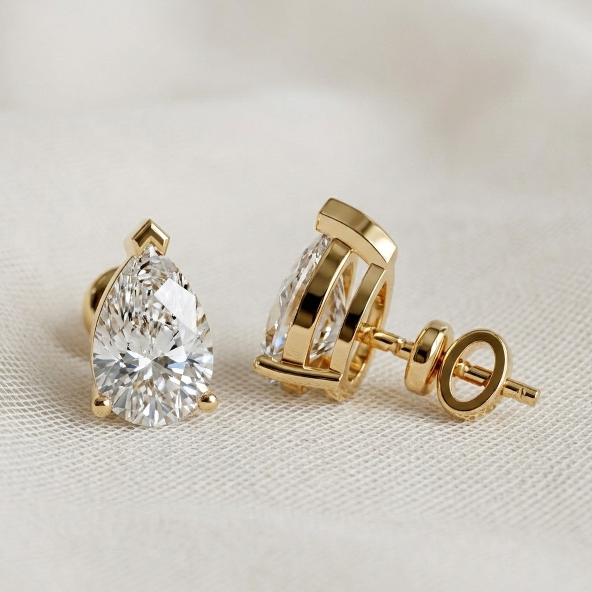 Pear Cut Solitaire Stud Earrings in 9K Solid Gold, 2.00 TCW Pear Cut Lab Created Diamonds, Bridal Jewelry, Gift for Wife, Handmade Studs