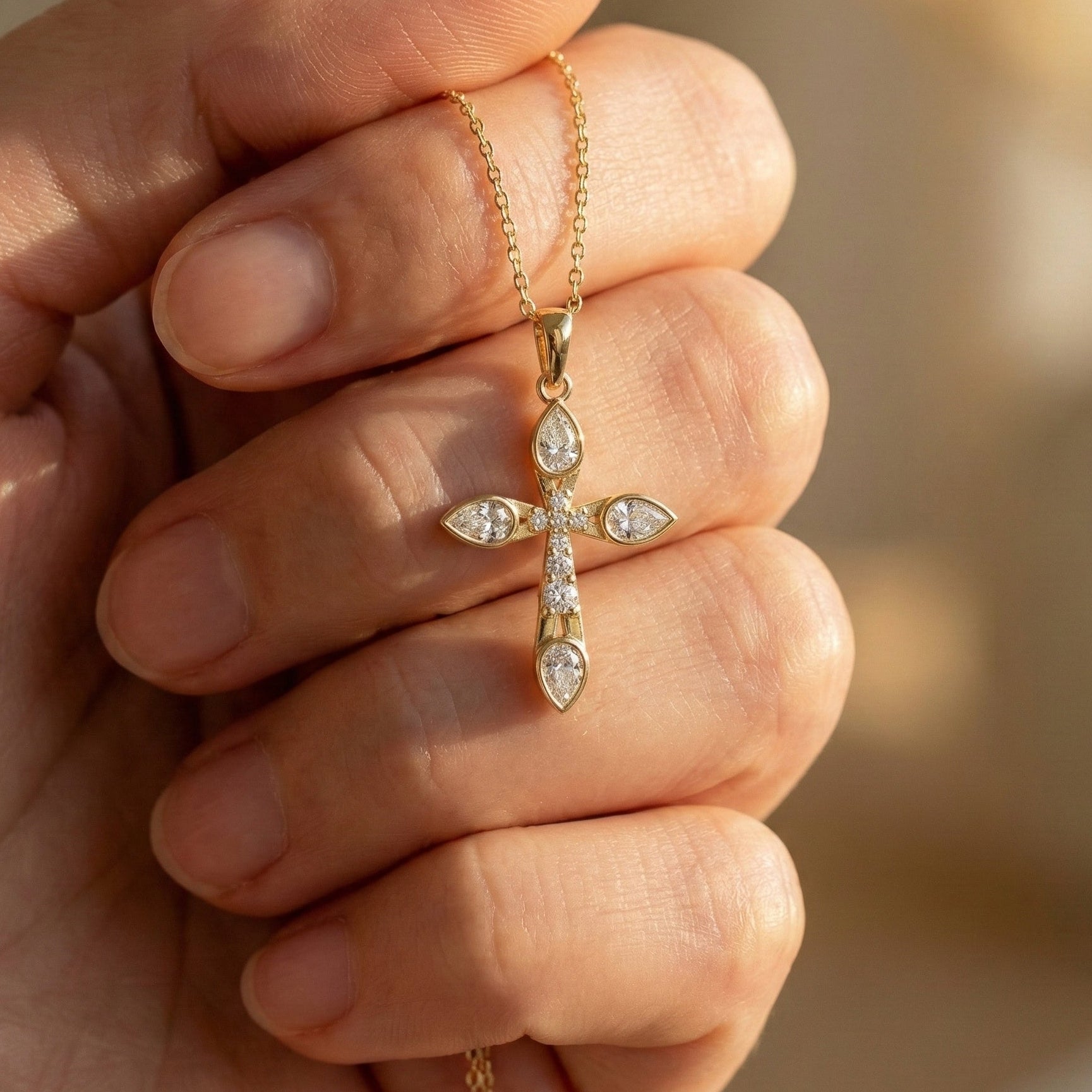 Modern Cluster Cross Pendant in 14k Solid Gold, 0.77 TCW Pear/Round Cut Lab Diamonds, Anniversary Gift,