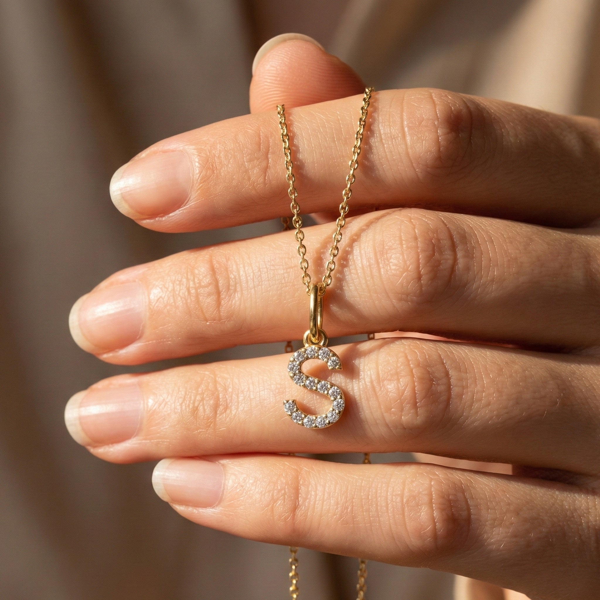 Minimal Pavé 'S' Initial Alphabet Pendant in Lab Diamond or Moissanite – 14K Solid Gold, Modern Letter Pendant, Birthday Gift for Her, Daily Wear Jewelry