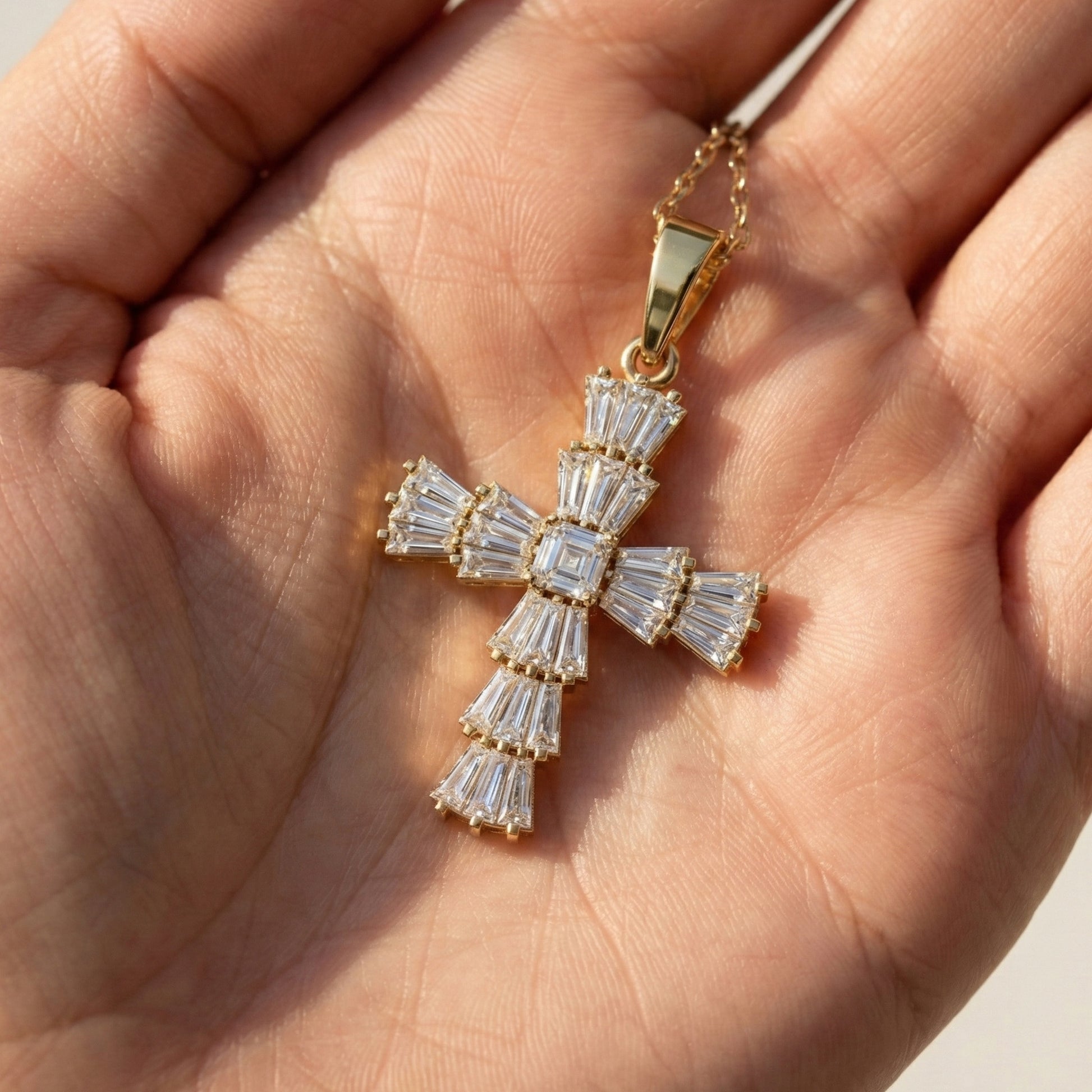 Tapered Baguette Asscher Cross Pendant in 14k Solid Gold, 1.87 TCW Asscher/Baguette Lab Grown Diamonds, Faith Jewelry, Bridal Gift