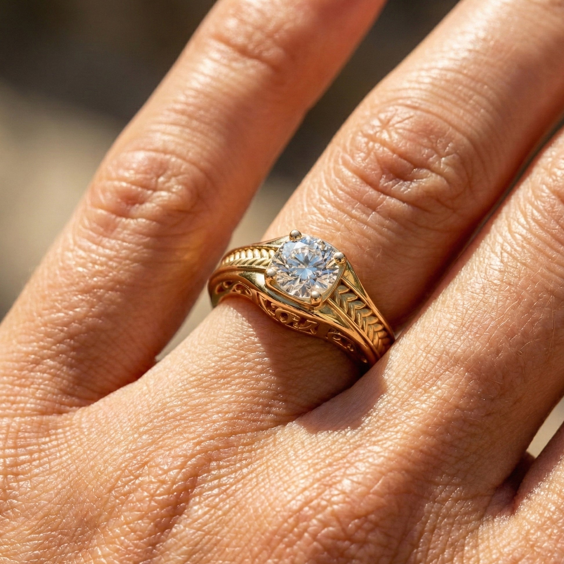 Vintage Scroll Solitaire Ring with Leaf Band Engagement Ring in 14k Solid Gold, 0.50 CT Round Cut Lab Grown Diamond, Handmade Bridal Jewelry