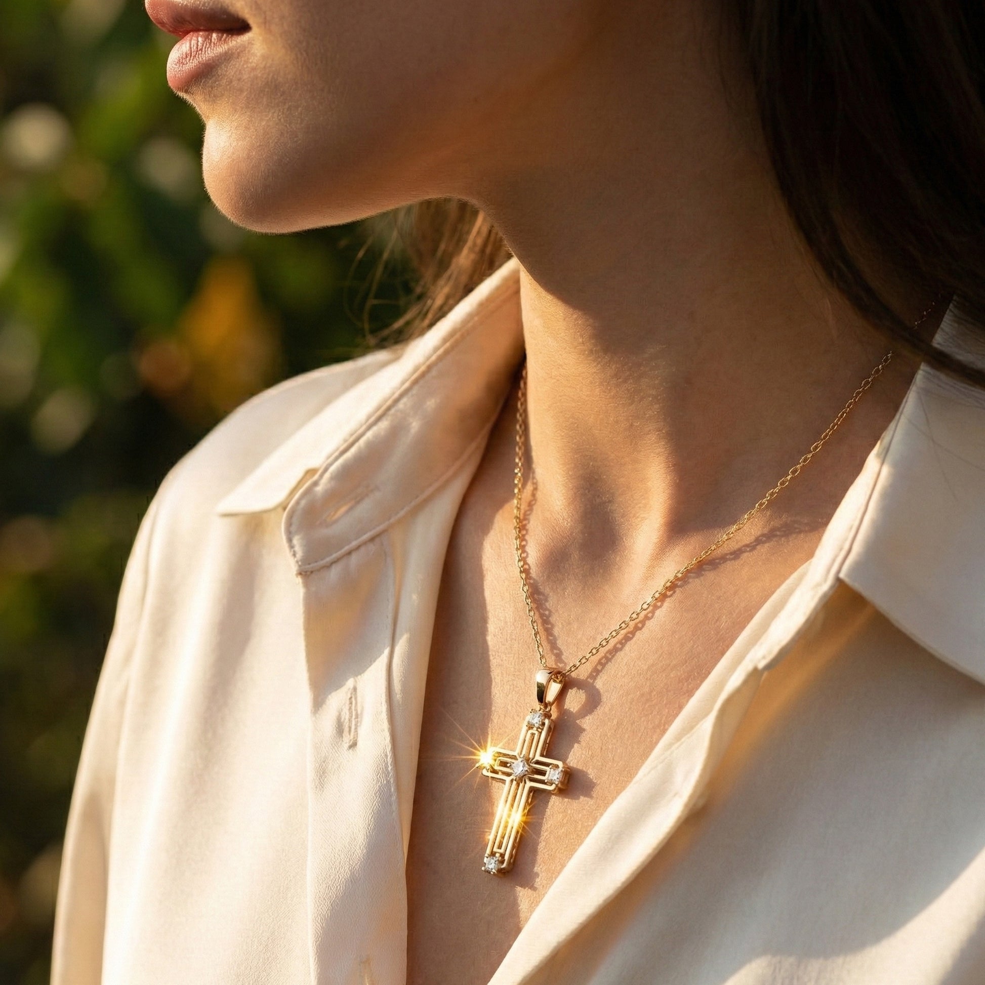 Elegant Layered Cross Pendant in 14K Solid Gold, 0.32 TCW Princess Cut Lab Grown Diamonds, Gift for Mom, Baptism, Bridal Jewelry