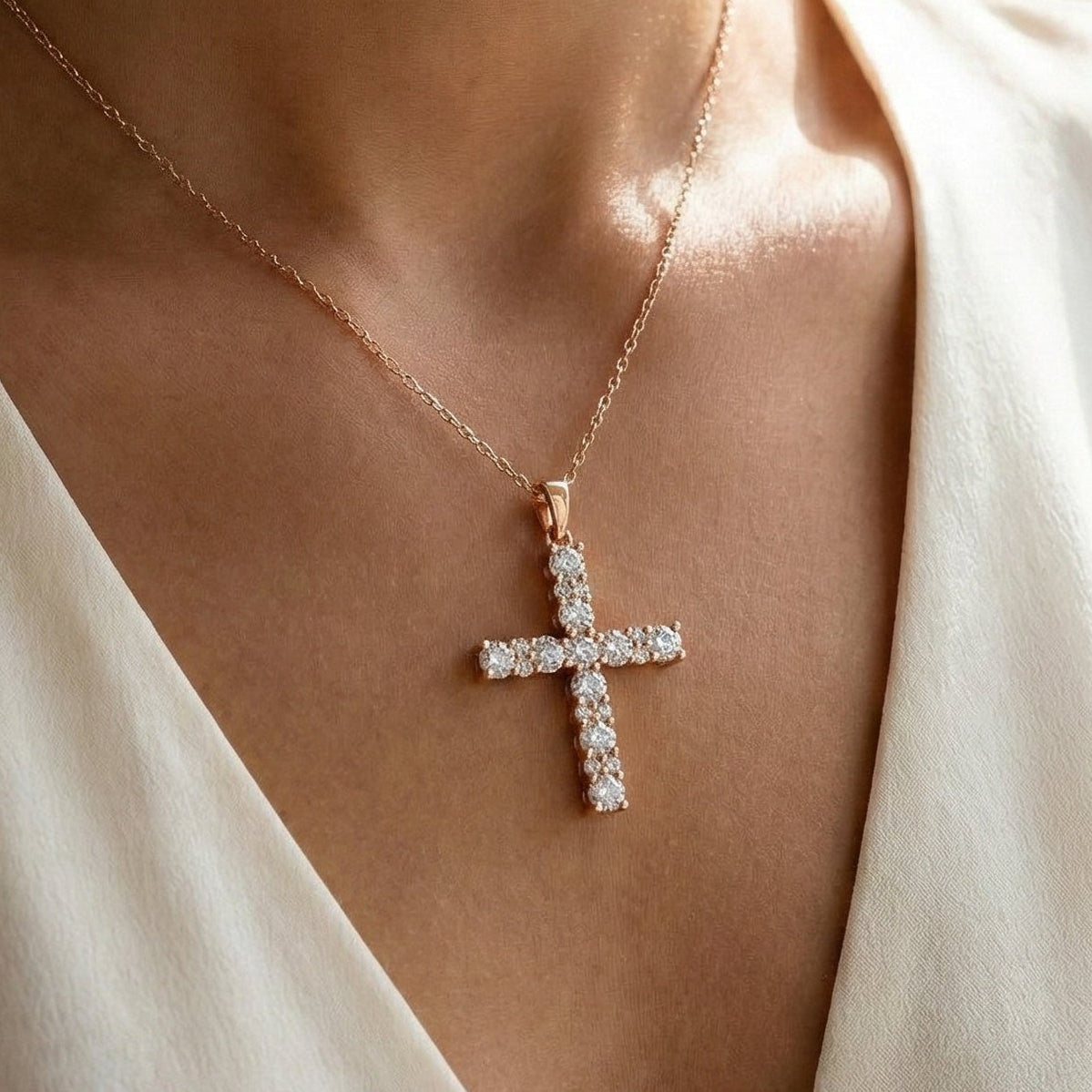 Classic Round Cluster Cross Pendant in 14K Solid Gold, 1.15 TCW Round Cut Lab Diamonds, Religious Jewelry, Birthday Gift for Her