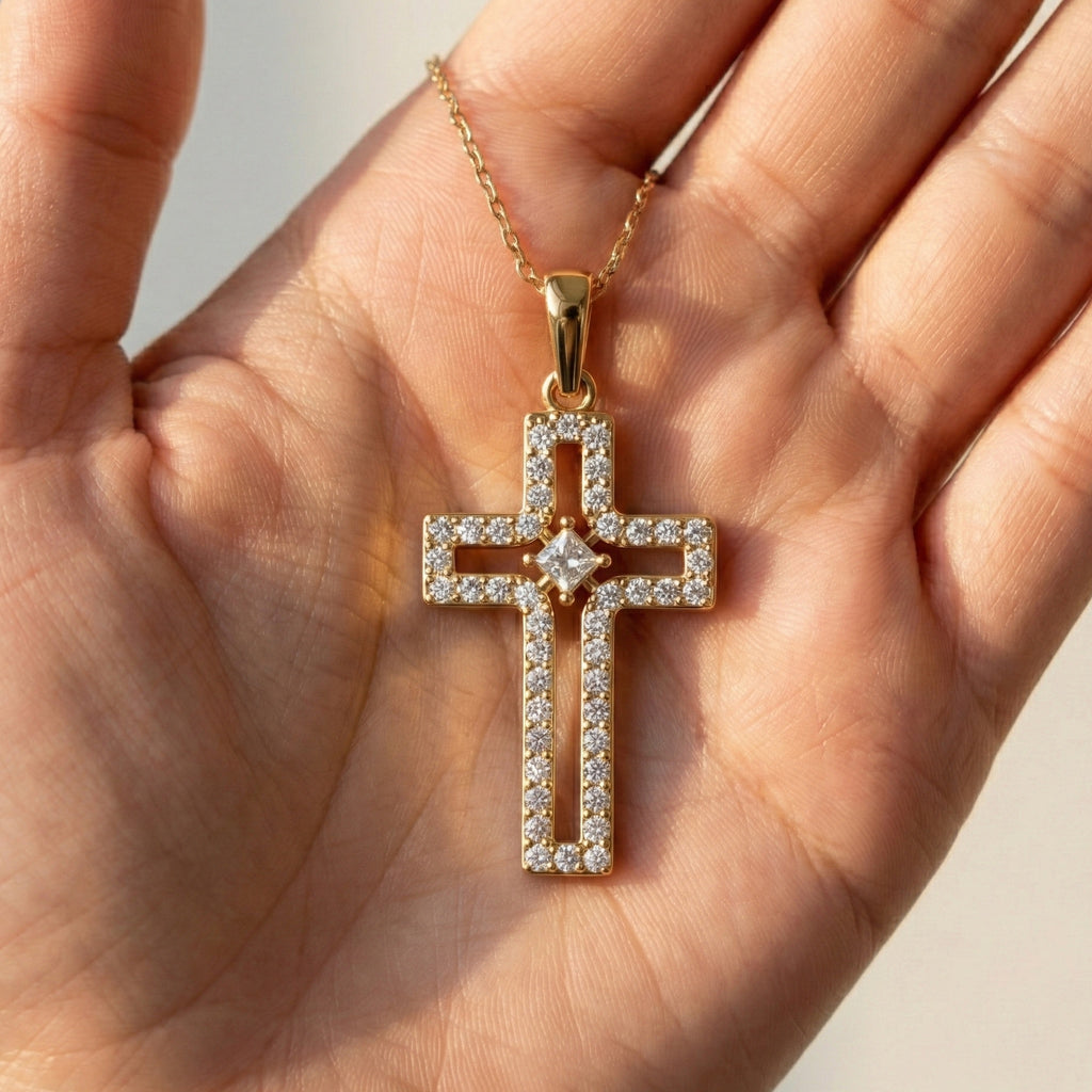 Minimalist Pavé Princess Cross Pendant in 14K Solid Gold, 0.52 TCW Princess/Round Cut Lab Created Diamonds, Bridal Jewelry, Gift for Mom