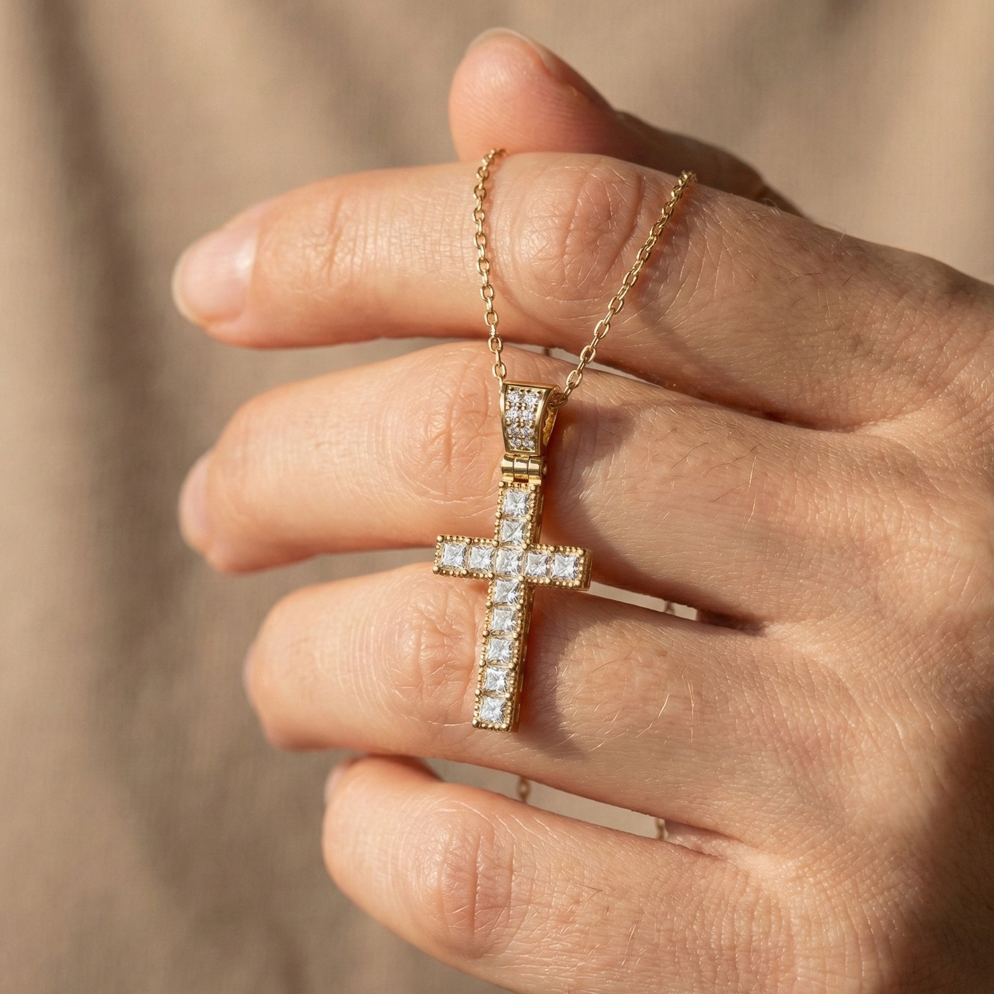 Milgrain Princess Cut Cross Pavé Bail Diamond Charm Pendant in Lab Grown Diamond – 14k Solid Gold, Wedding Gift for Her/Him