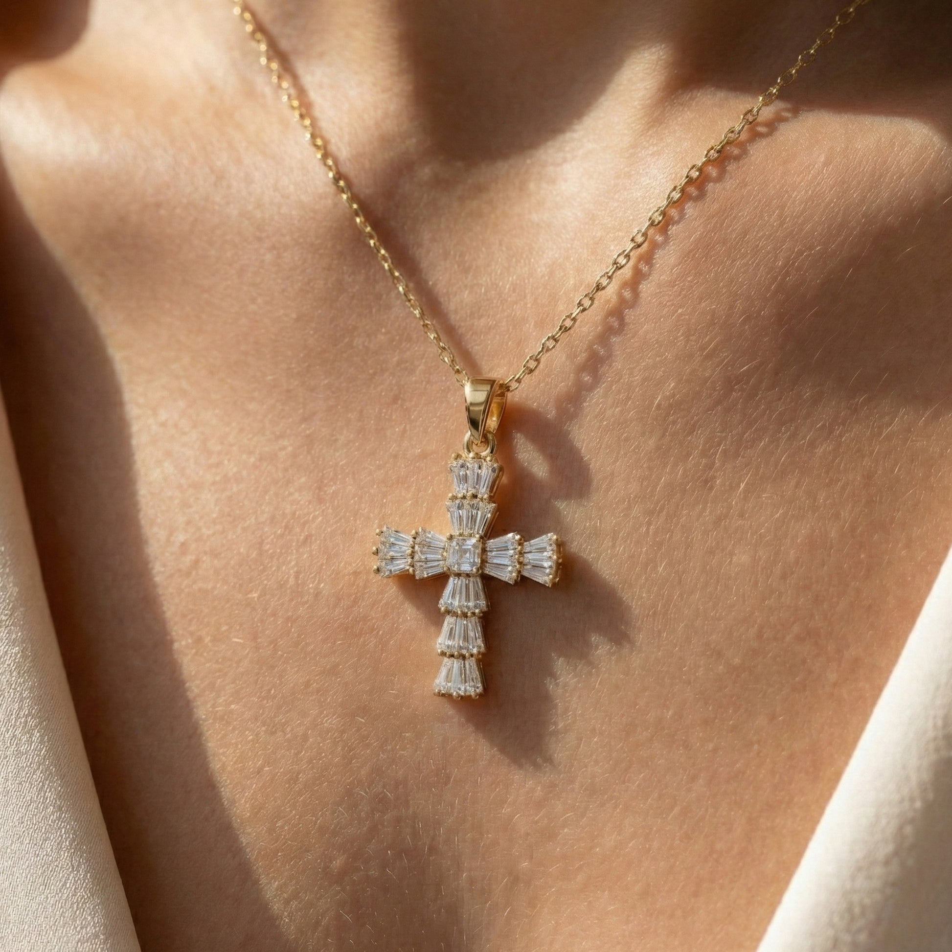 Tapered Baguette Asscher Cross Pendant in 14k Solid Gold, 1.87 TCW Asscher/Baguette Lab Grown Diamonds, Faith Jewelry, Bridal Gift