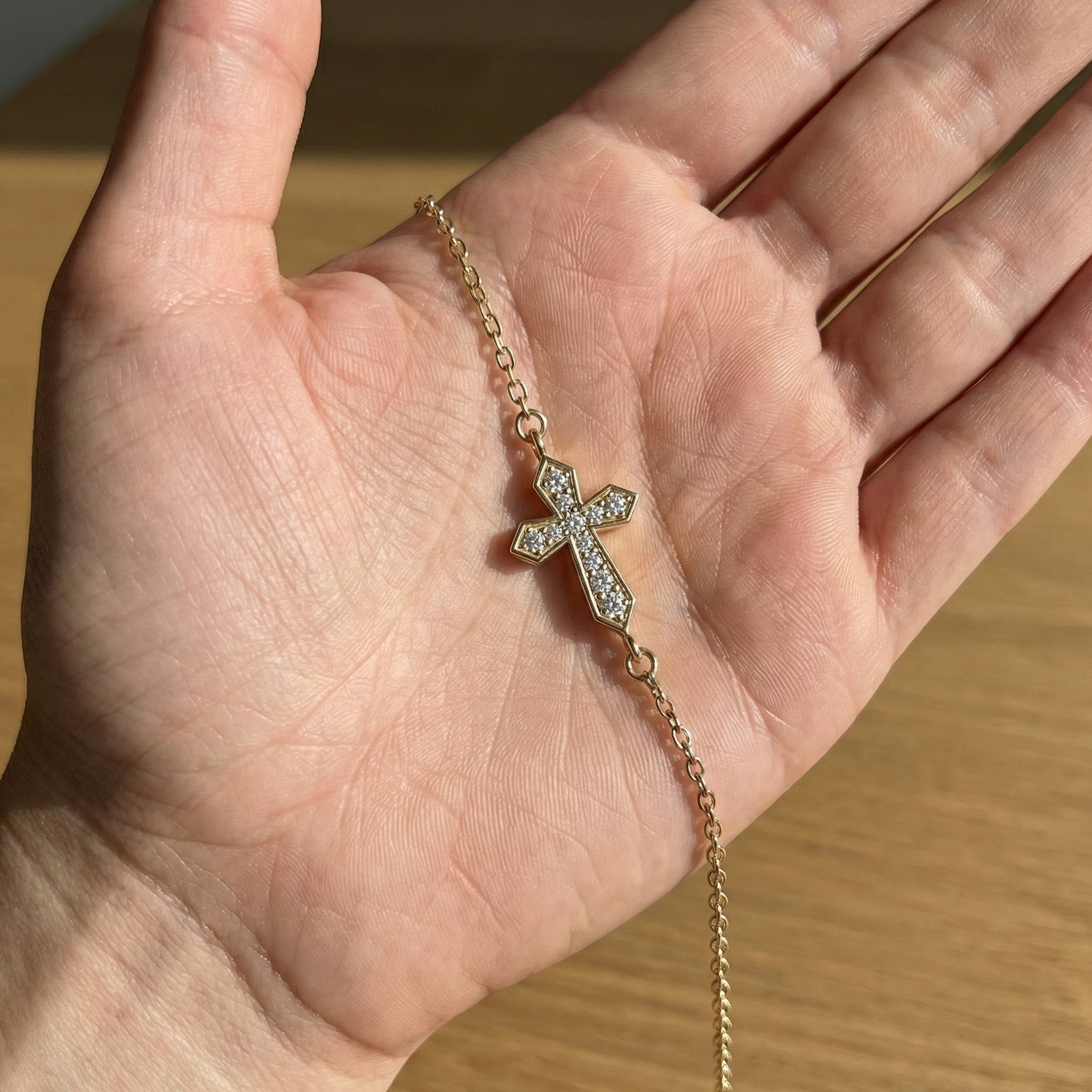 Tiny Angular Cross Center Chain Bracelet in 14K Solid Gold, 0.15 TCW Round Cut Lab Created diamonds, Everyday Jewelry, Anniversary Gift for Her