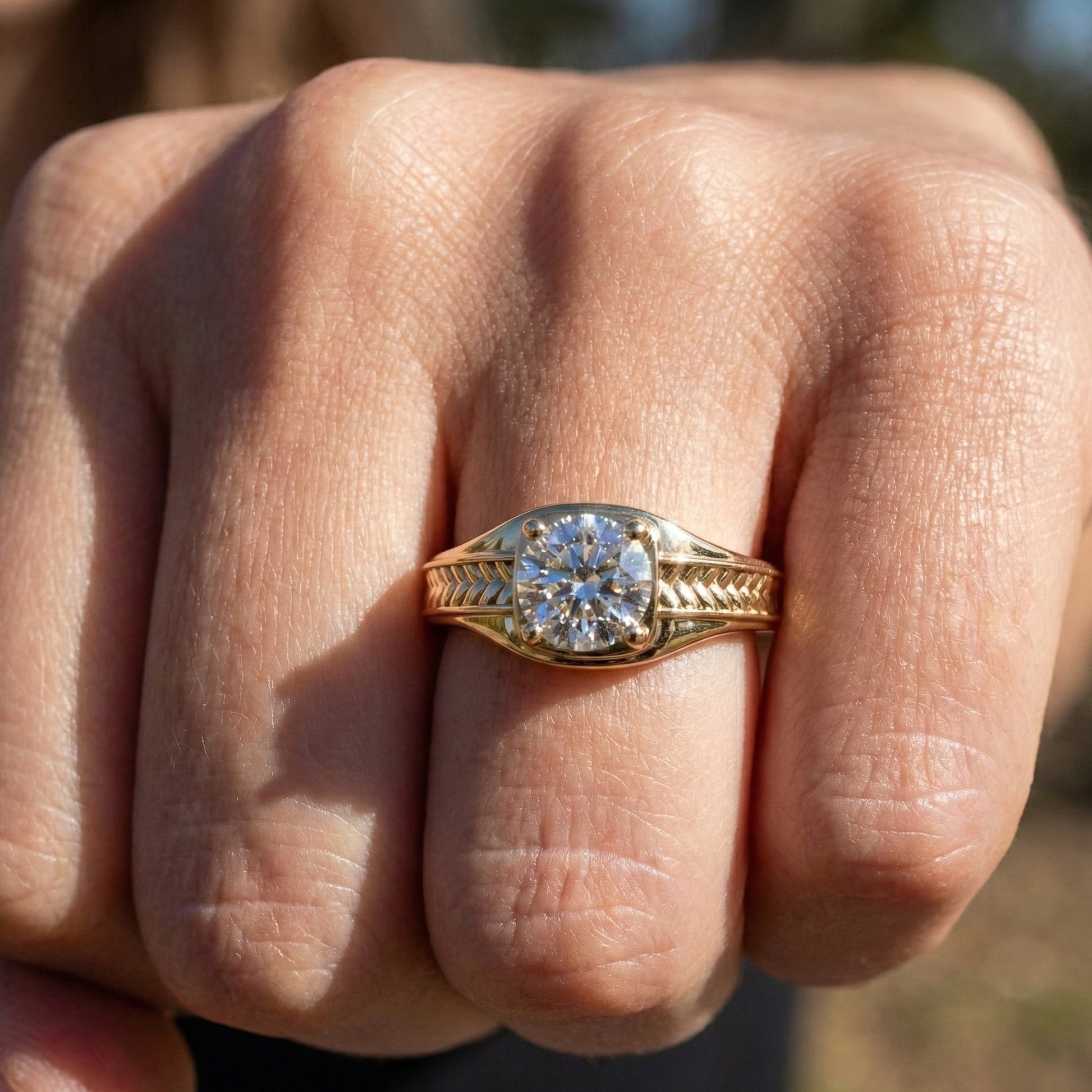 Vintage Scroll Solitaire Ring with Leaf Band Engagement Ring in 14k Solid Gold, 0.50 CT Round Cut Lab Grown Diamond, Handmade Bridal Jewelry