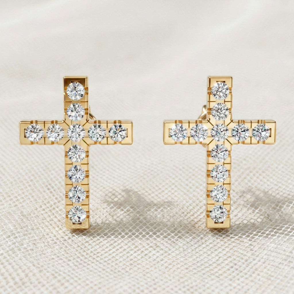 Modern Jesus Cross Wedding Stud Earrings in 14K Yellow Gold, Classic Religious Jewelry, Perfect Gift for Wife, Everyday Stud Earrings