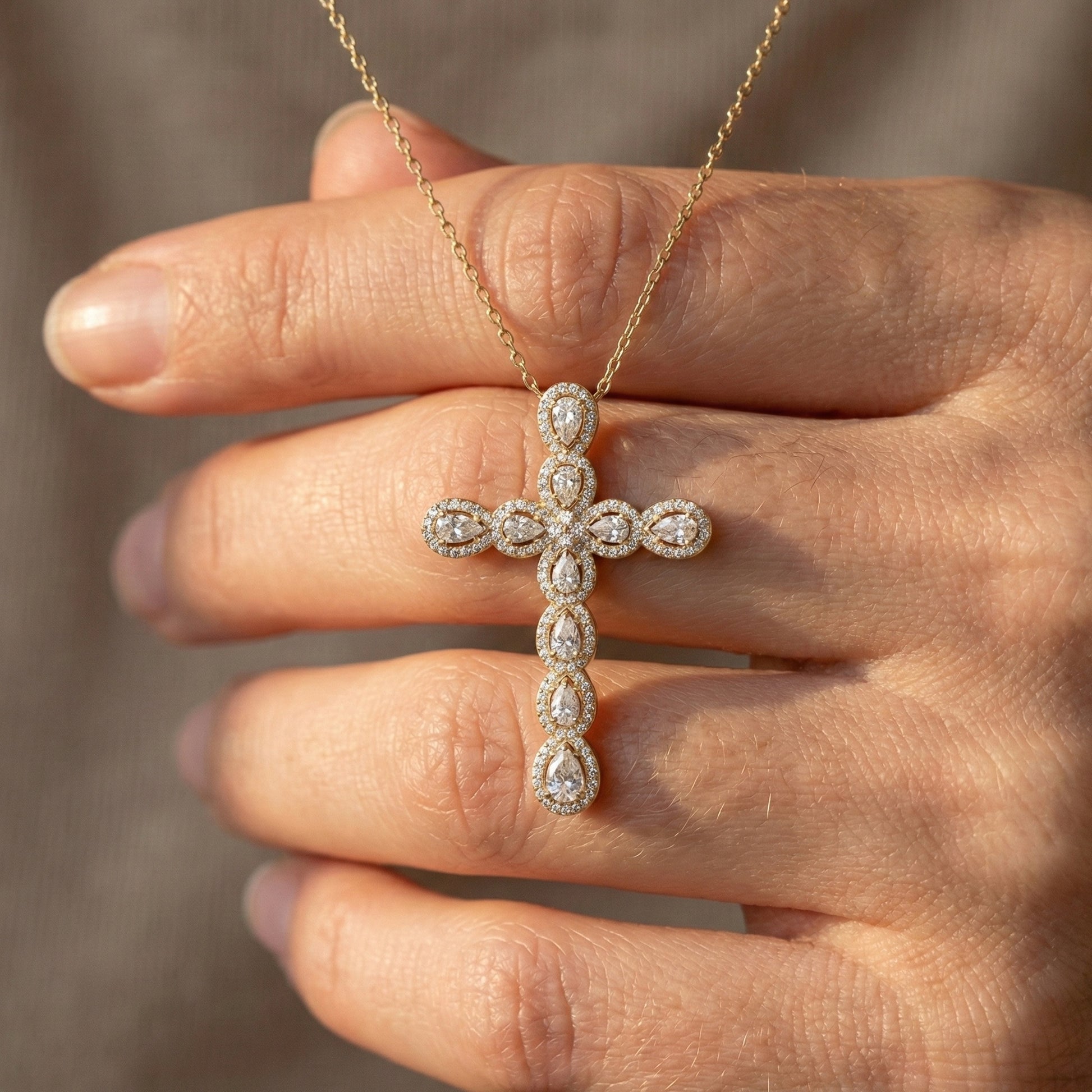 Pear & Round Halo Cluster Cross Charm Pendant Necklace in Lab Diamond – 14k Solid Gold, Everyday Jewelry For Women, Handmade Jewelry, Gift for Her