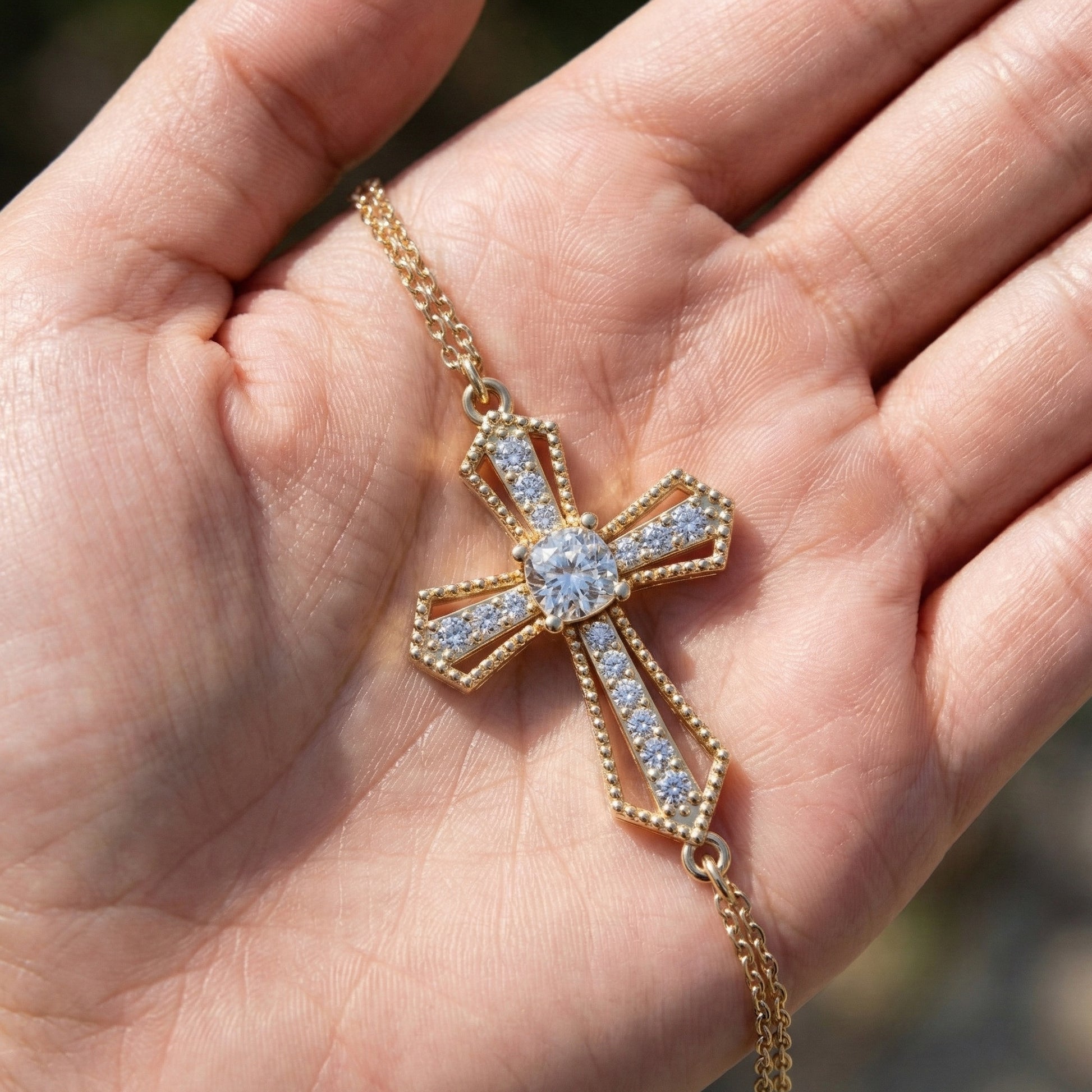 Deco Inspired Cross Bar Chain Bracelet in 14K Solid Gold, 0.40 CT Cushion Cut Lab Created Diamond, Everyday Bracelet, Religious Gift For Wife