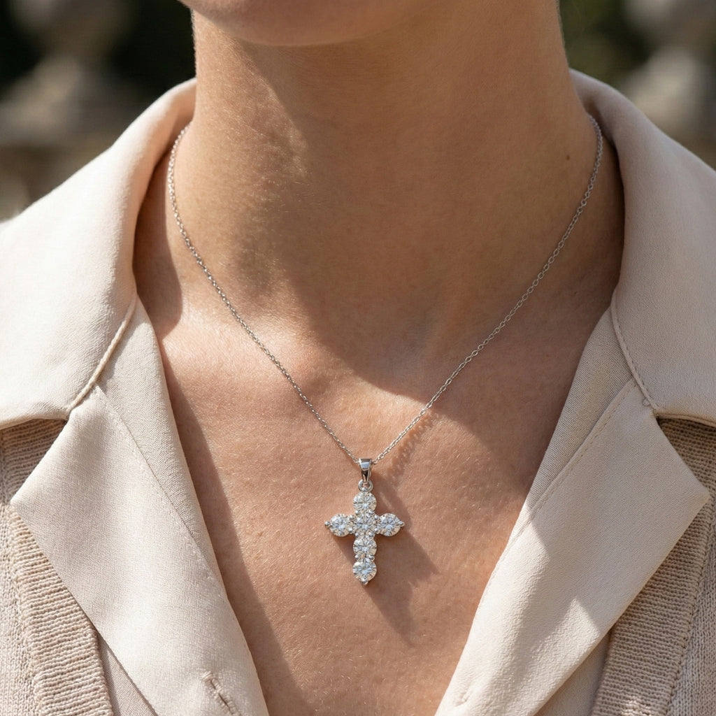 Prong-Set Round Cut Cross Religious Pendant in 14k Solid Gold, 2.16 TCW Round Cut Lab Created Diamonds, Birthday Gift for Her, Faith Jewelry