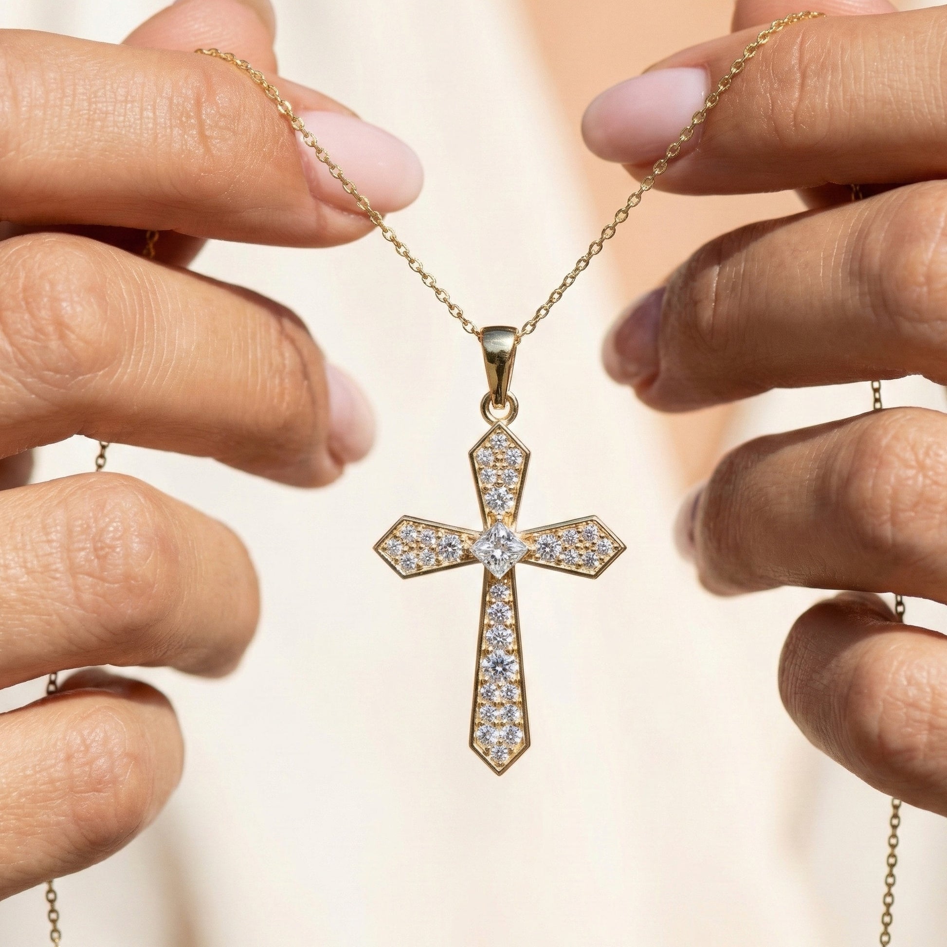 Modern Geometric Cross Pendant in 14k Solid Gold, 0.74 TCW Princess/Round Cut Lab Grown Diamonds, Gift for Her, Religious Jewelry