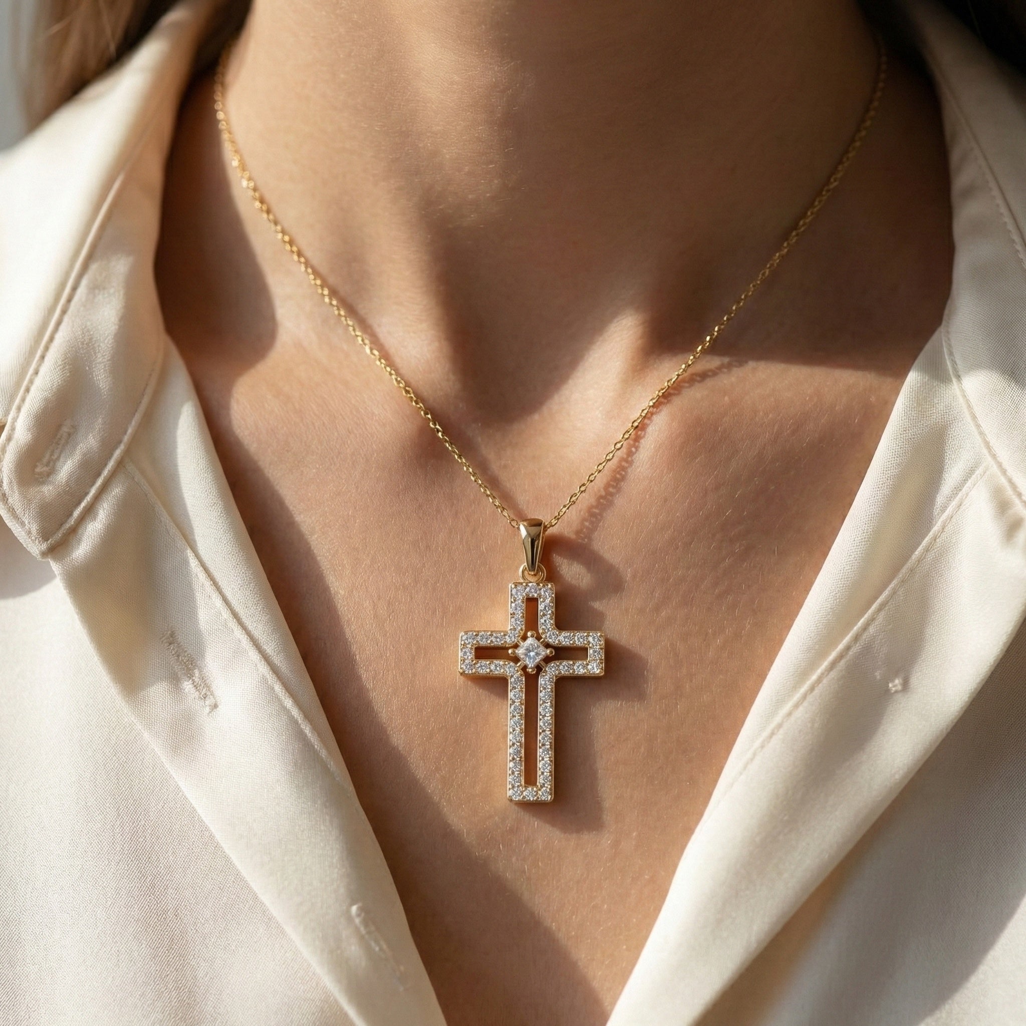 Minimalist Pavé Princess Cross Pendant in 14K Solid Gold, 0.52 TCW Princess/Round Cut Lab Created Diamonds, Bridal Jewelry, Gift for Mom