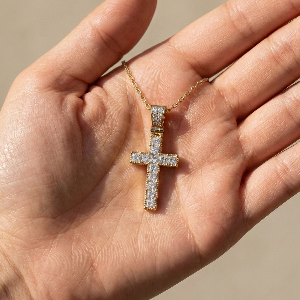 Milgrain Princess Cut Cross Pavé Bail Diamond Charm Pendant in Lab Grown Diamond – 14k Solid Gold, Wedding Gift for Her/Him