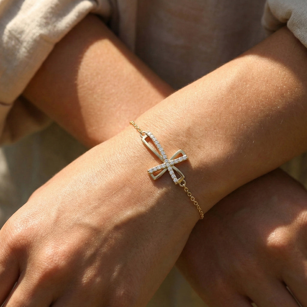 Asymmetrical Cross Charm Bracelet in 14K Solid Gold, 0.22 TCW Round Cut Lab Created Diamonds, Religious Jewelry, Birthday Gift for Her