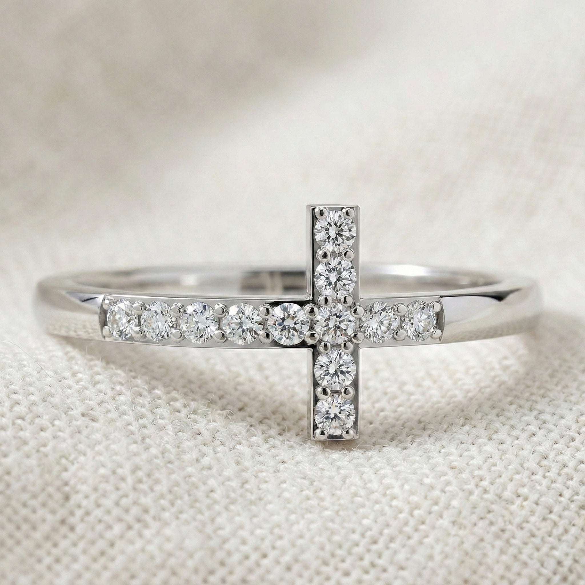 Classic Pavé Cross Promise Ring in Lab Grown Diamond – 14K Solid Gold, Minimalist Religious Ring, Everyday Jewelry Gift