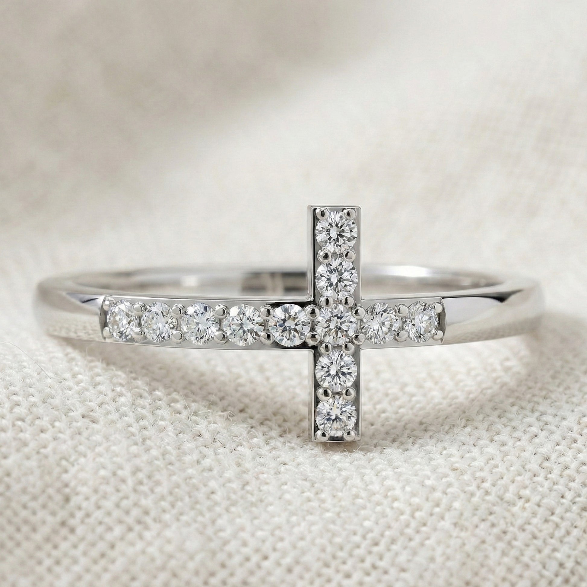 Classic Pavé Cross Promise Ring in Lab Grown Diamond – 14K Solid Gold, Minimalist Religious Ring, Everyday Jewelry Gift