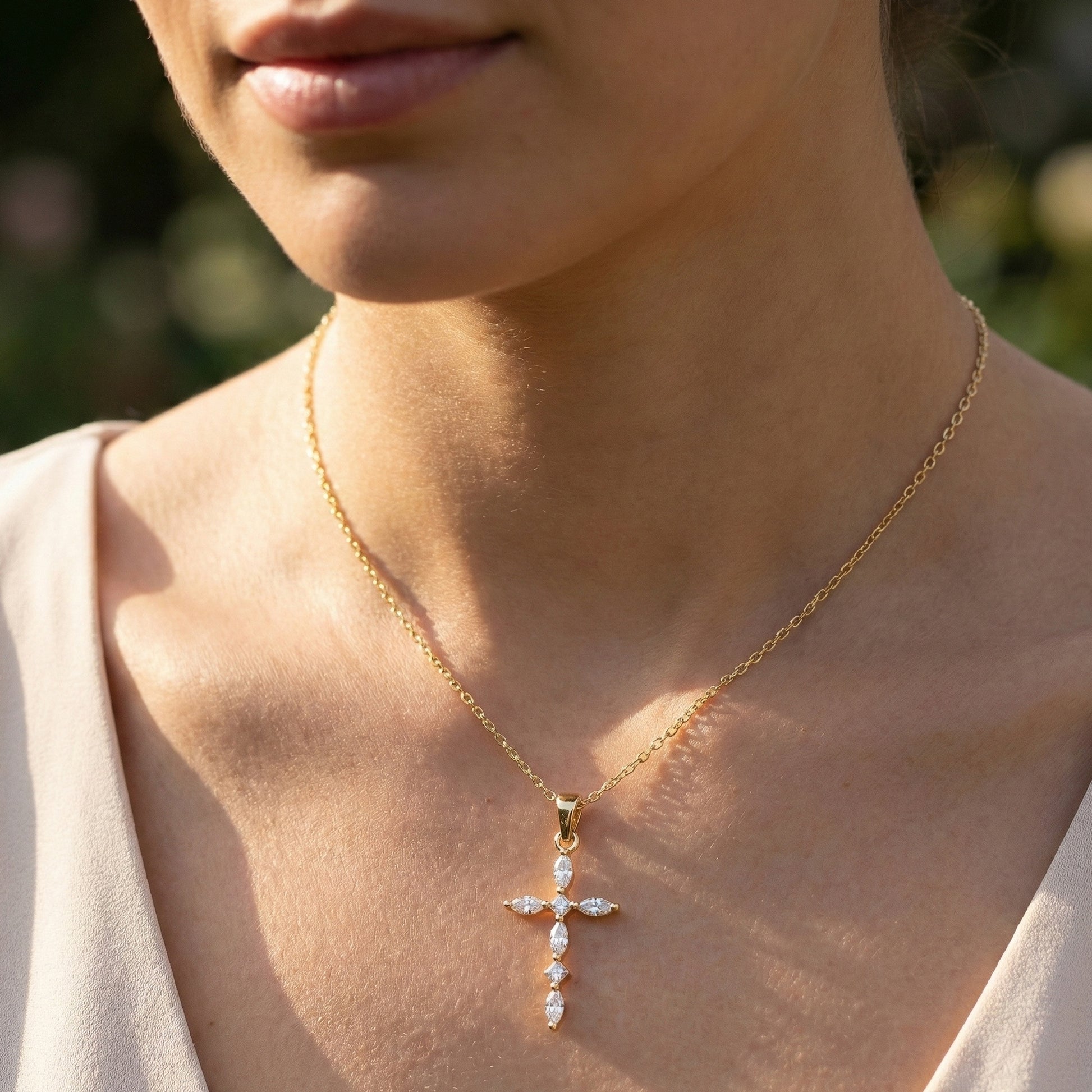 Layered Marquise Cross Pendant in 14k Solid Gold, 0.30 TCW Marquise/Princess Cut Lab Created Diamonds, Baptism Gift