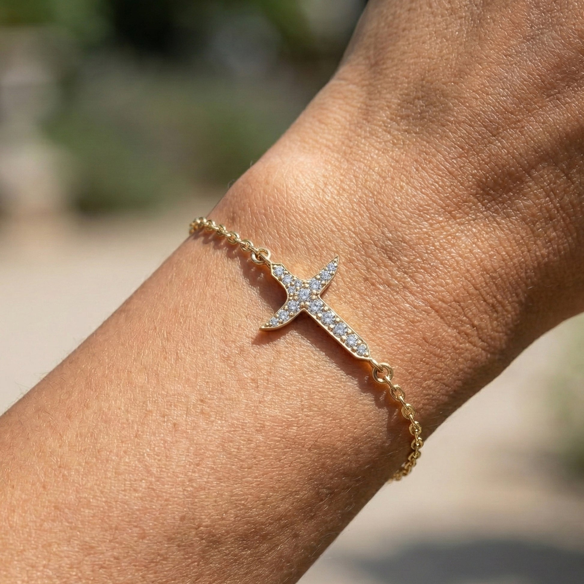 Elegant tapered cross bracelet in 14K Solid Gold, 0.44 TCW Round Cut Lab Created Diamonds, Baptism Bracelet, Unique Gift for Her