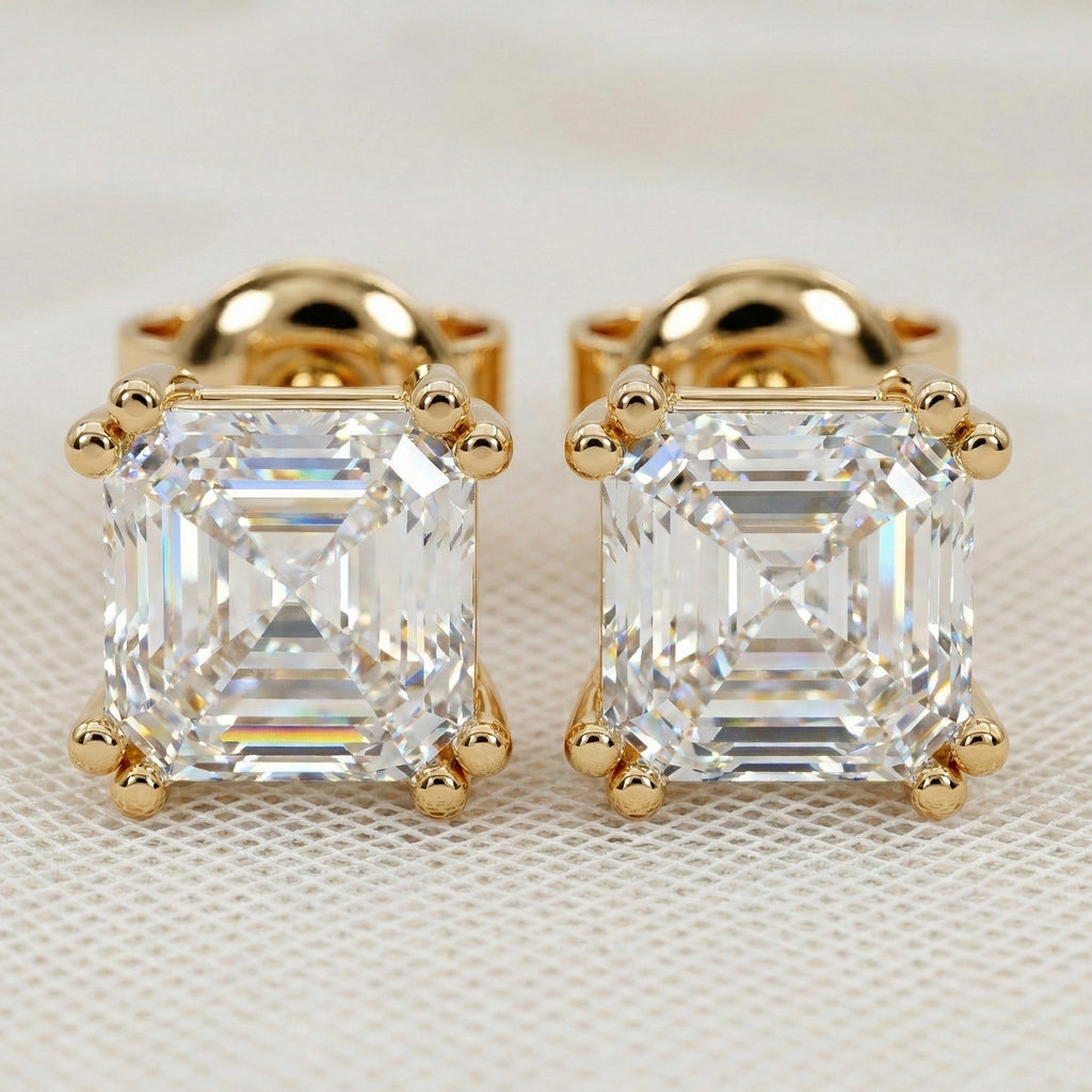 Double Prong Solitaire Minimalist Stud Earrings in 14k Solid Gold, 2.50 TCW Asscher Cut Lab Grown Diamonds, Gift for Wife, Handmade Bridal Jewelry