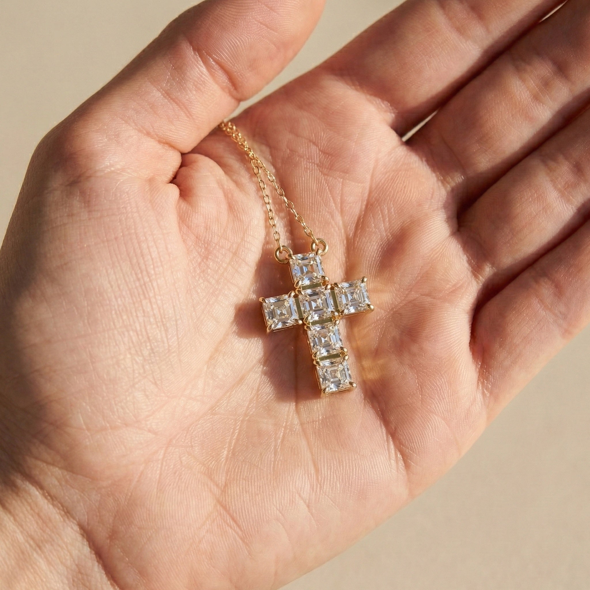 Elegant Square Style Cross Pendant in 14k Solid Gold, 4.50 TCW Asscher Cut Lab Grown Diamonds, Wedding Gift for Her, Religious Jewelry