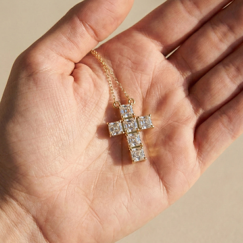 Elegant Square Style Cross Pendant in 14k Solid Gold, 4.50 TCW Asscher Cut Lab Grown Diamonds, Wedding Gift for Her, Religious Jewelry