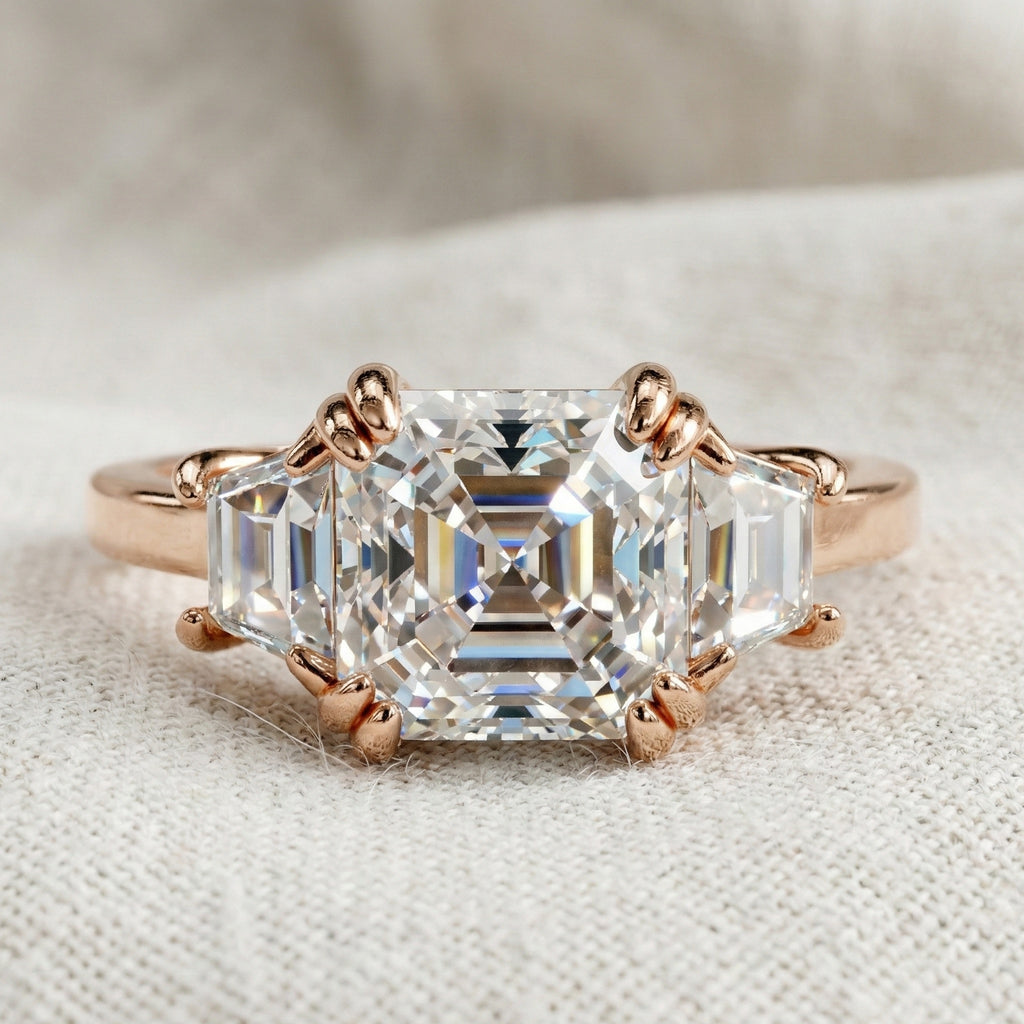 Asscher Cut Three Stone Engagement Ring with Tapered Side Stones in Moissanite or Lab Grown Diamond – Solid 14k/18k Gold or Silver Engagement Gift, Handmade Jewelry