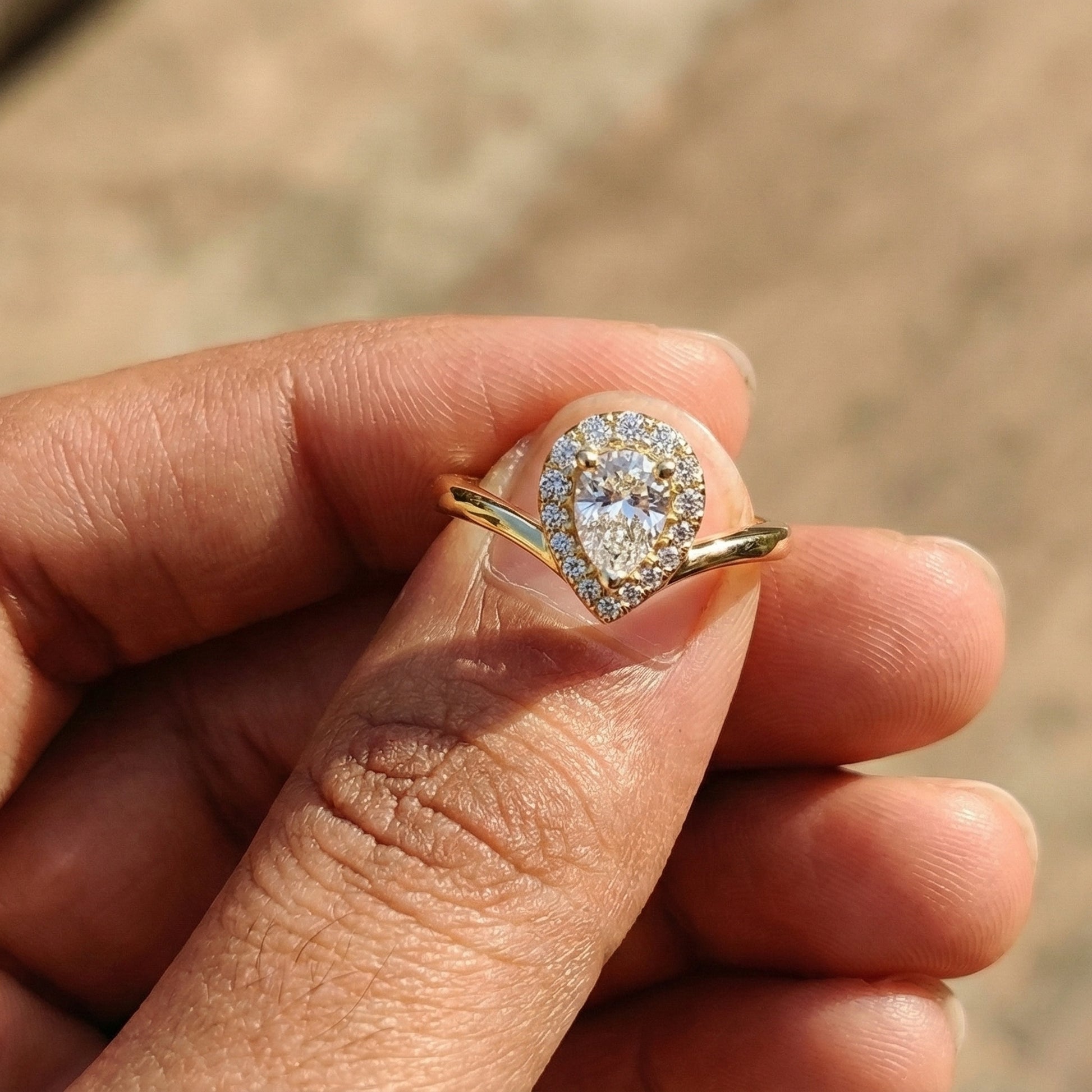 Teardrop Halo Split Shank Ring in Solid 14k Gold or Sterling Silver Engagement Ring, Anniversary Gift for Wife, Everyday Jewelry