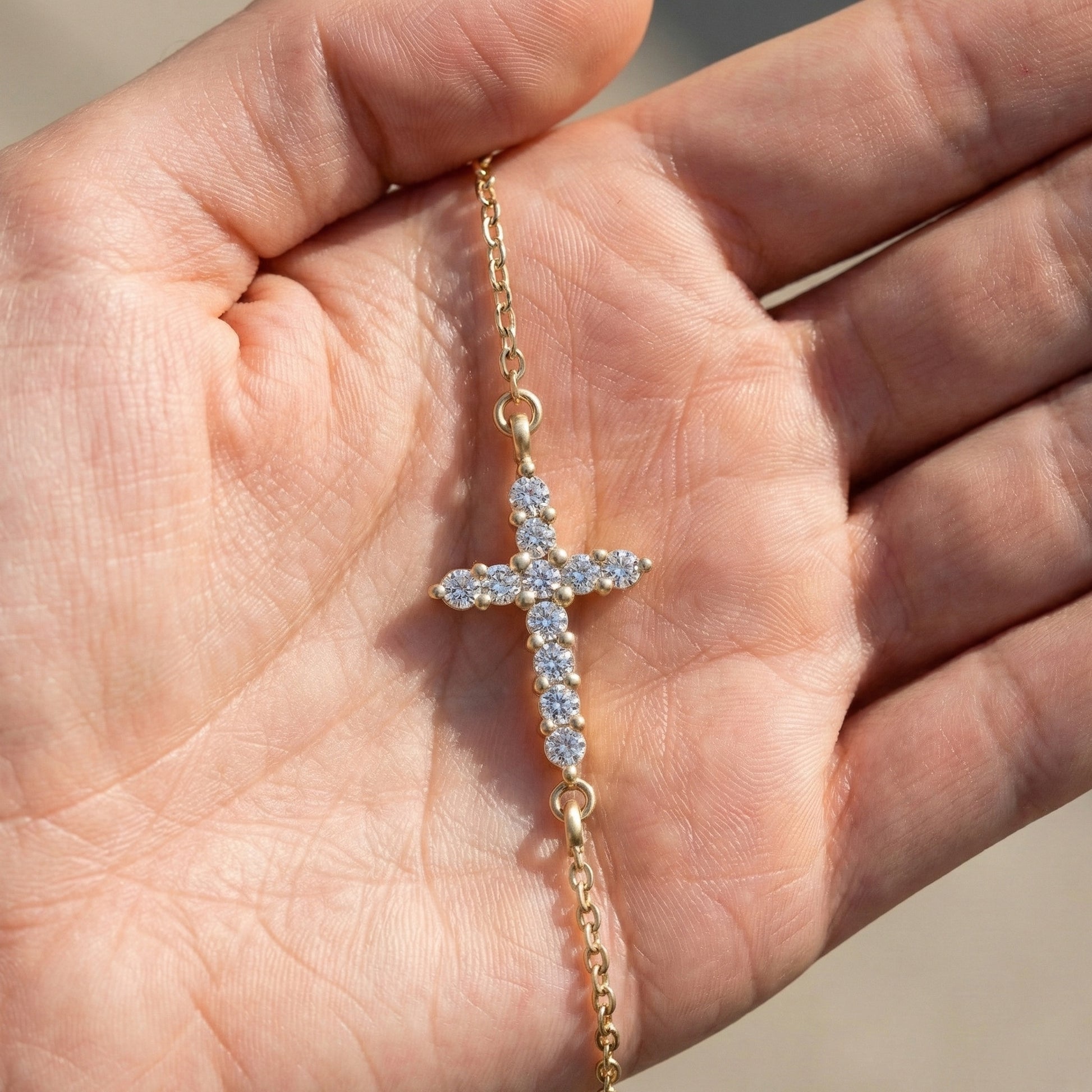 Delicate Round Cross Chain Bracelet in 14K Solid Gold, 0.38 TCW Round Cut Lab Brown Diamonds, Everyday Bracelet, Wedding Gift for Her