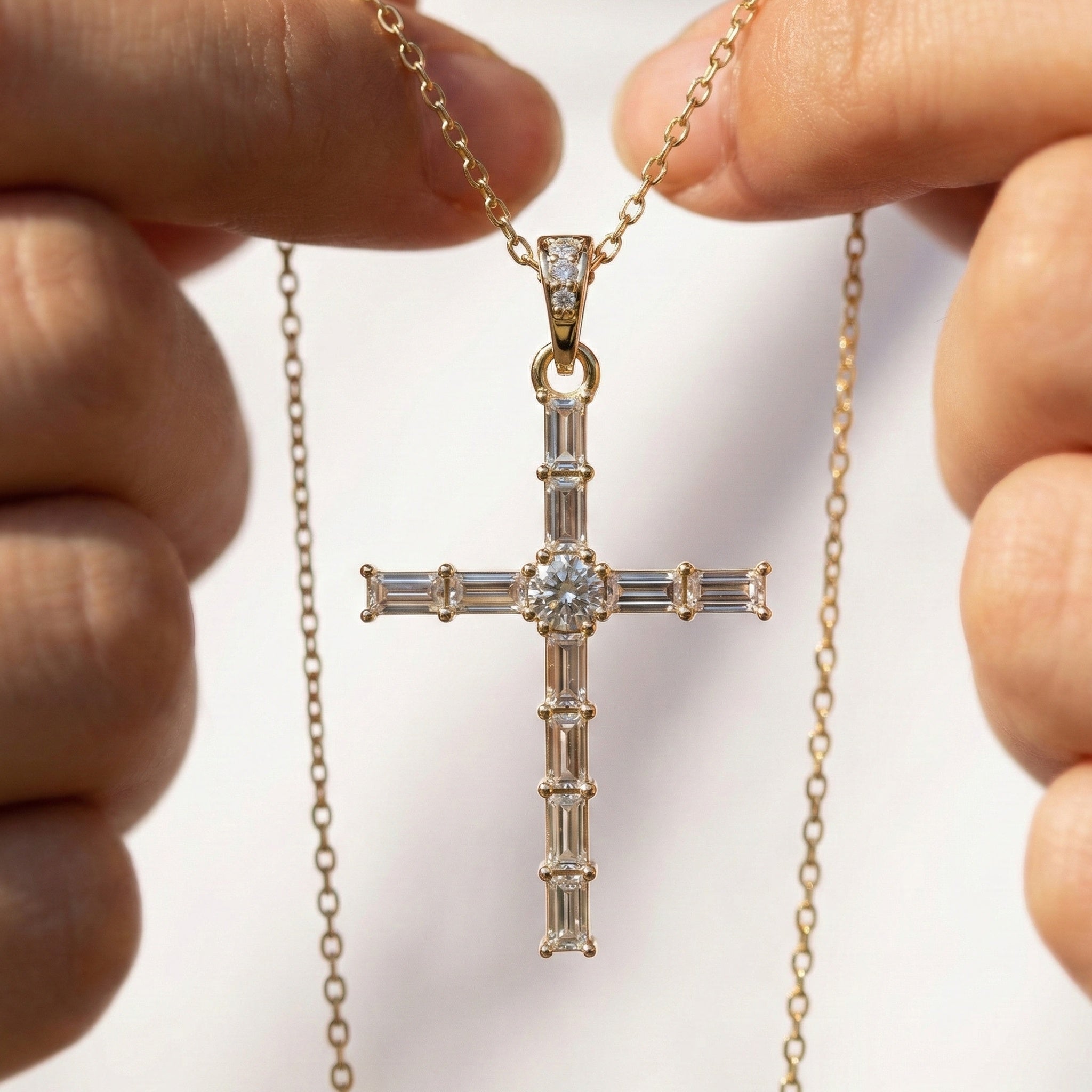 Modern Religious Cross Pendant in 14k Solid Gold, 1.65 TCW Baguette/Round Cut Lab Grown Diamond, Bridal Jewelry, Wedding Gift for Her